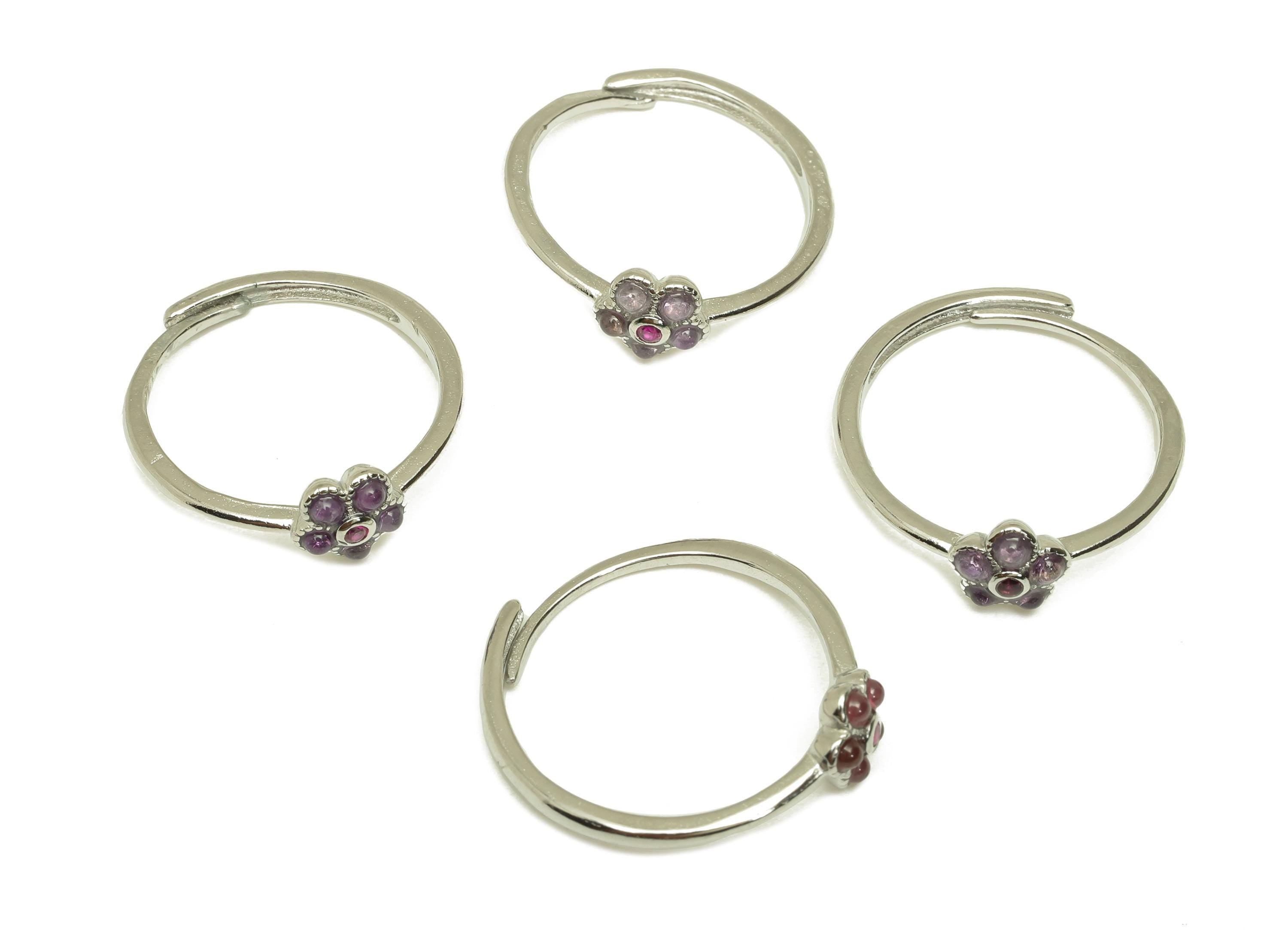 Brass Adjustable Ring - Brass Flower Amethyst Ring - Brass Adjustable Ring - Adjustable Ring - Silver Tone Plating - 22x20x1mm - RGP7233C - DOMEDBAZAAR