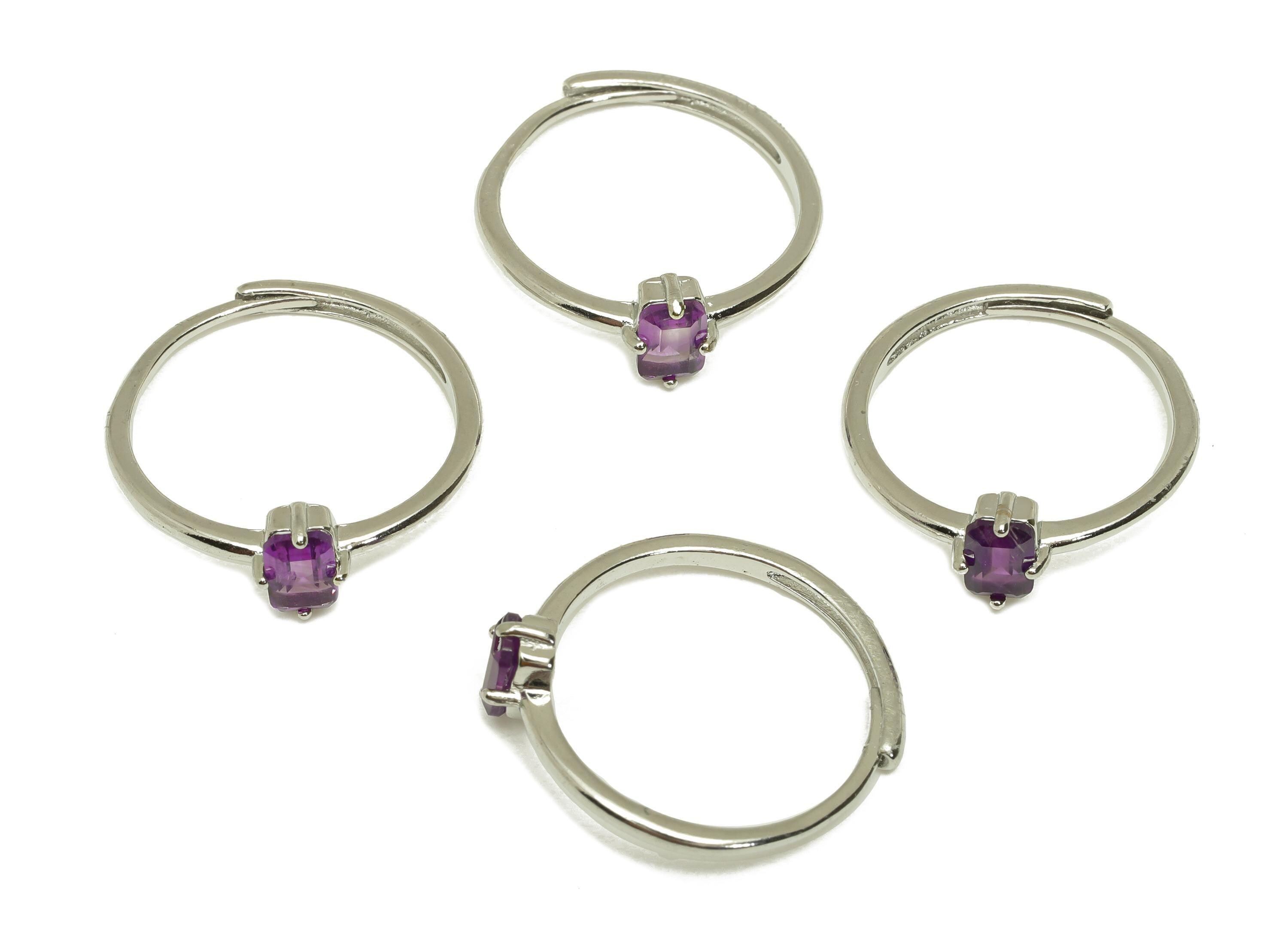 Brass Adjustable Ring - Brass Flower Amethyst Ring - Brass Adjustable Ring - Rectangle Ring - Silver Tone Plating - 22x20x1.59mm - RGP7234B - DOMEDBAZAAR