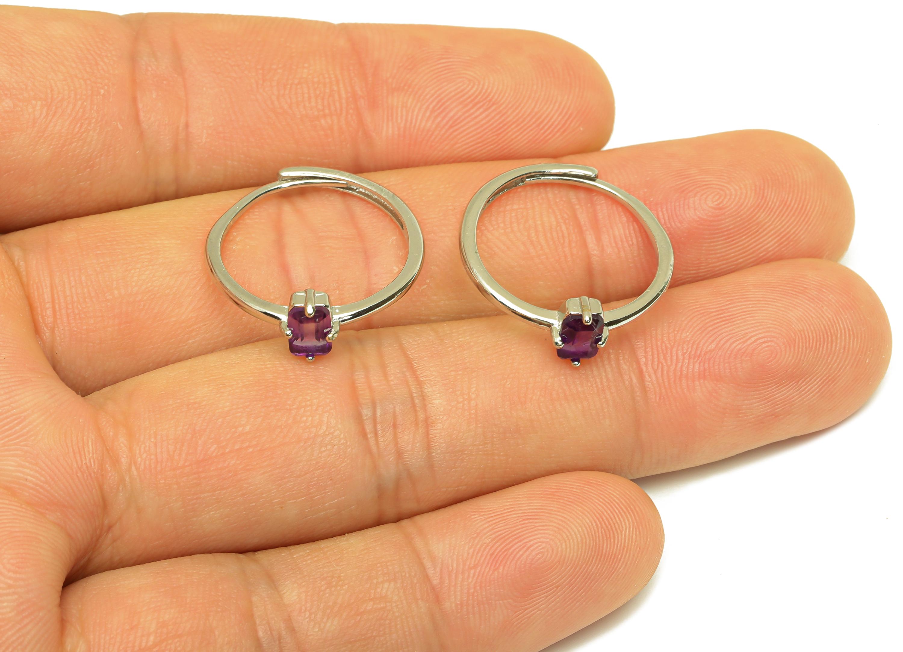 Brass Adjustable Ring - Brass Flower Amethyst Ring - Brass Adjustable Ring - Rectangle Ring - Silver Tone Plating - 22x20x1.59mm - RGP7234B - DOMEDBAZAAR