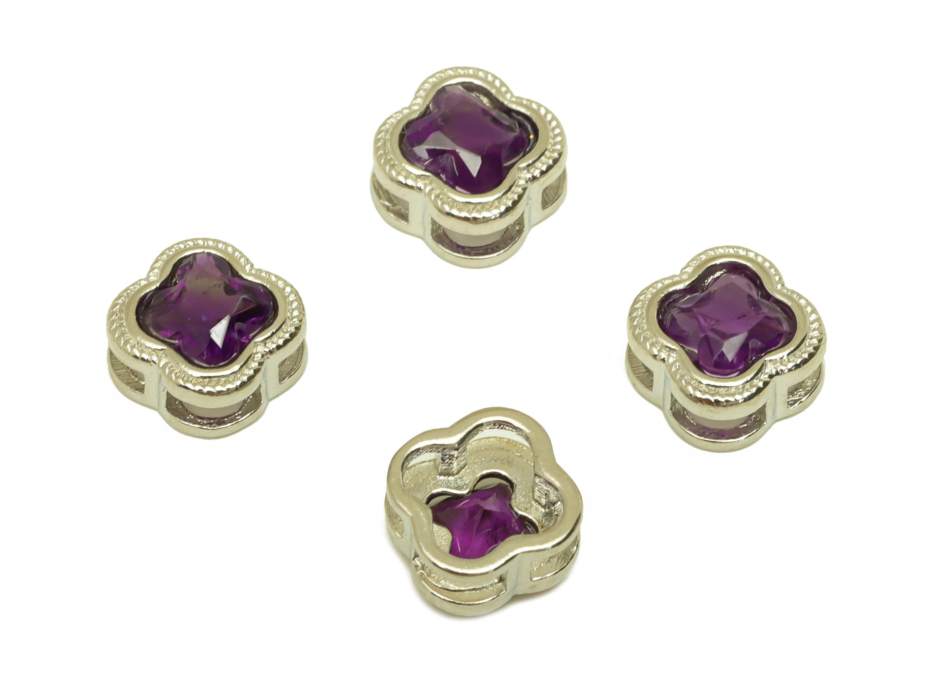 Brass Flower Bead - Brass Amethyst Flower Earring Charm - Brass Purple Bead Bracelet Charm - Silver Tone Plating - 8x7.95x5.11mm - RGP7239 - DOMEDBAZAAR