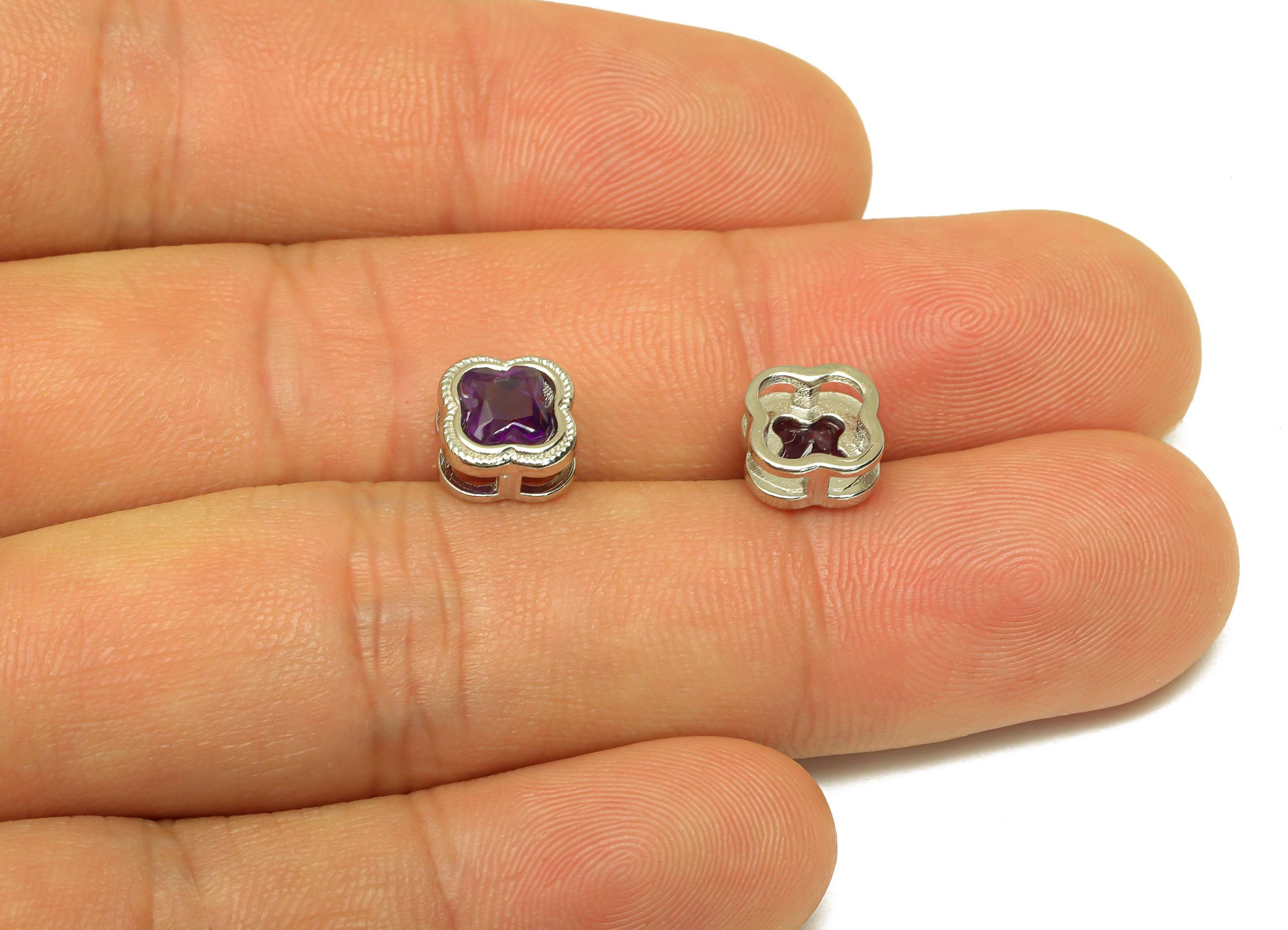 Brass Flower Bead - Brass Amethyst Flower Earring Charm - Brass Purple Bead Bracelet Charm - Silver Tone Plating - 8x7.95x5.11mm - RGP7239 - DOMEDBAZAAR
