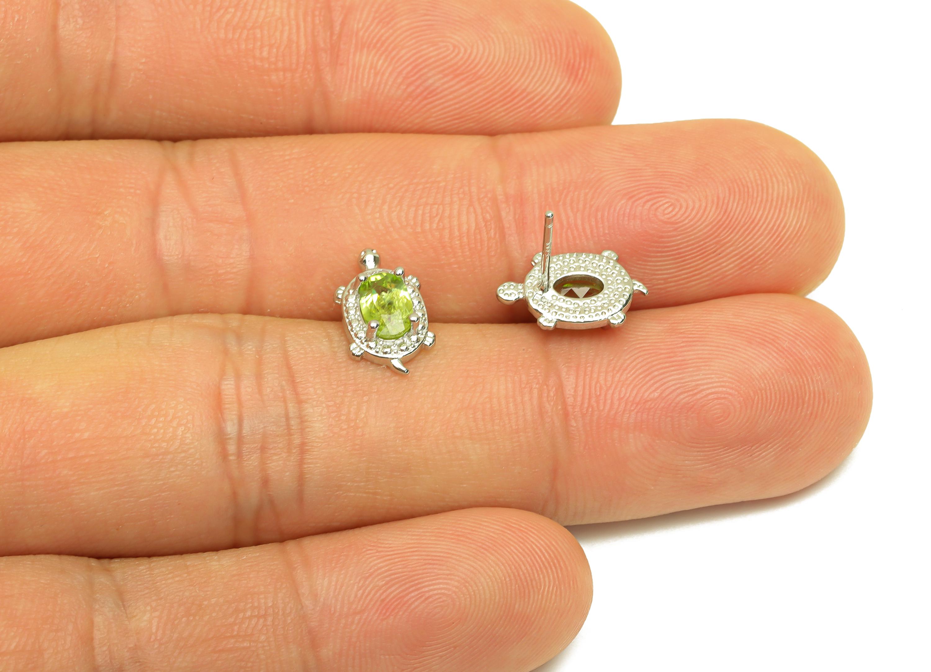 Brass Turtle Earring Stud - Brass Olivine Earring Post - Peridot Earring Post - 925 Silver Stud - Silver Tone Plating - 14x7x0.6mm - RGP7264 - DOMEDBAZAAR