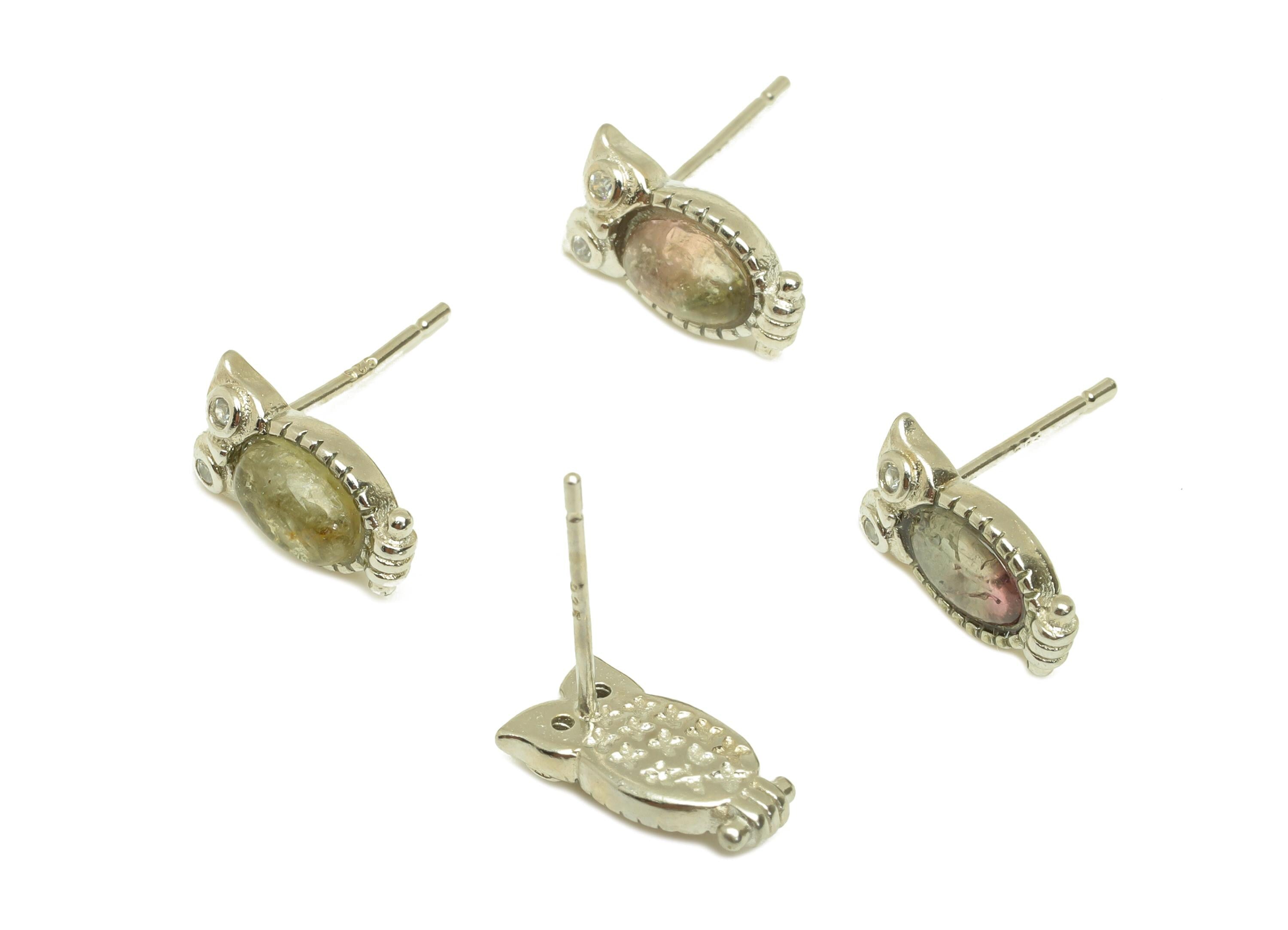 Brass Owl Earring Stud - Brass Tourmaline Earring Post - Animal Earring Post - 925 Silver Stud - Silver Tone Plating - 14x6x0.71mm - RGP7269 - DOMEDBAZAAR