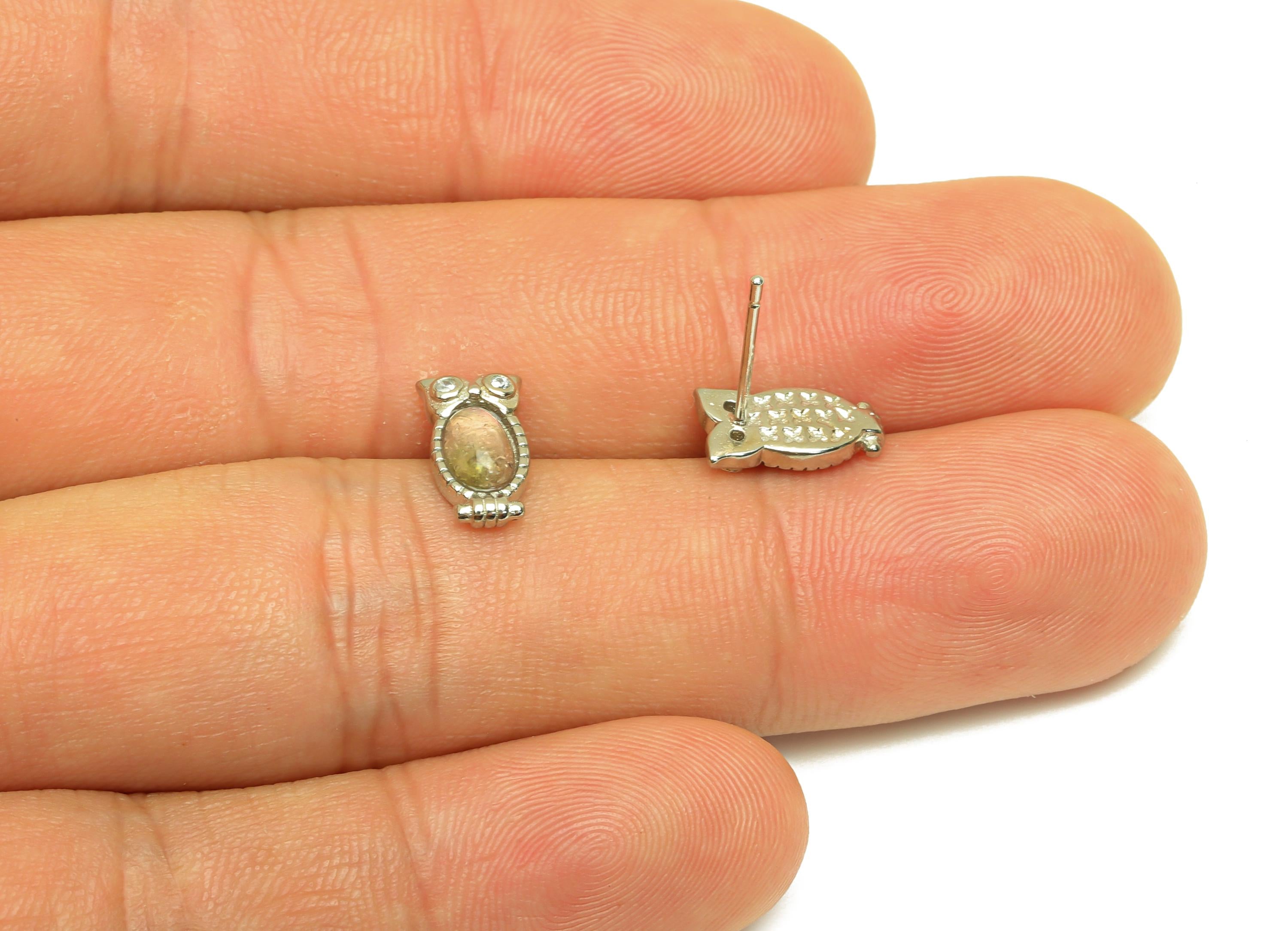 Brass Owl Earring Stud - Brass Tourmaline Earring Post - Animal Earring Post - 925 Silver Stud - Silver Tone Plating - 14x6x0.71mm - RGP7269 - DOMEDBAZAAR