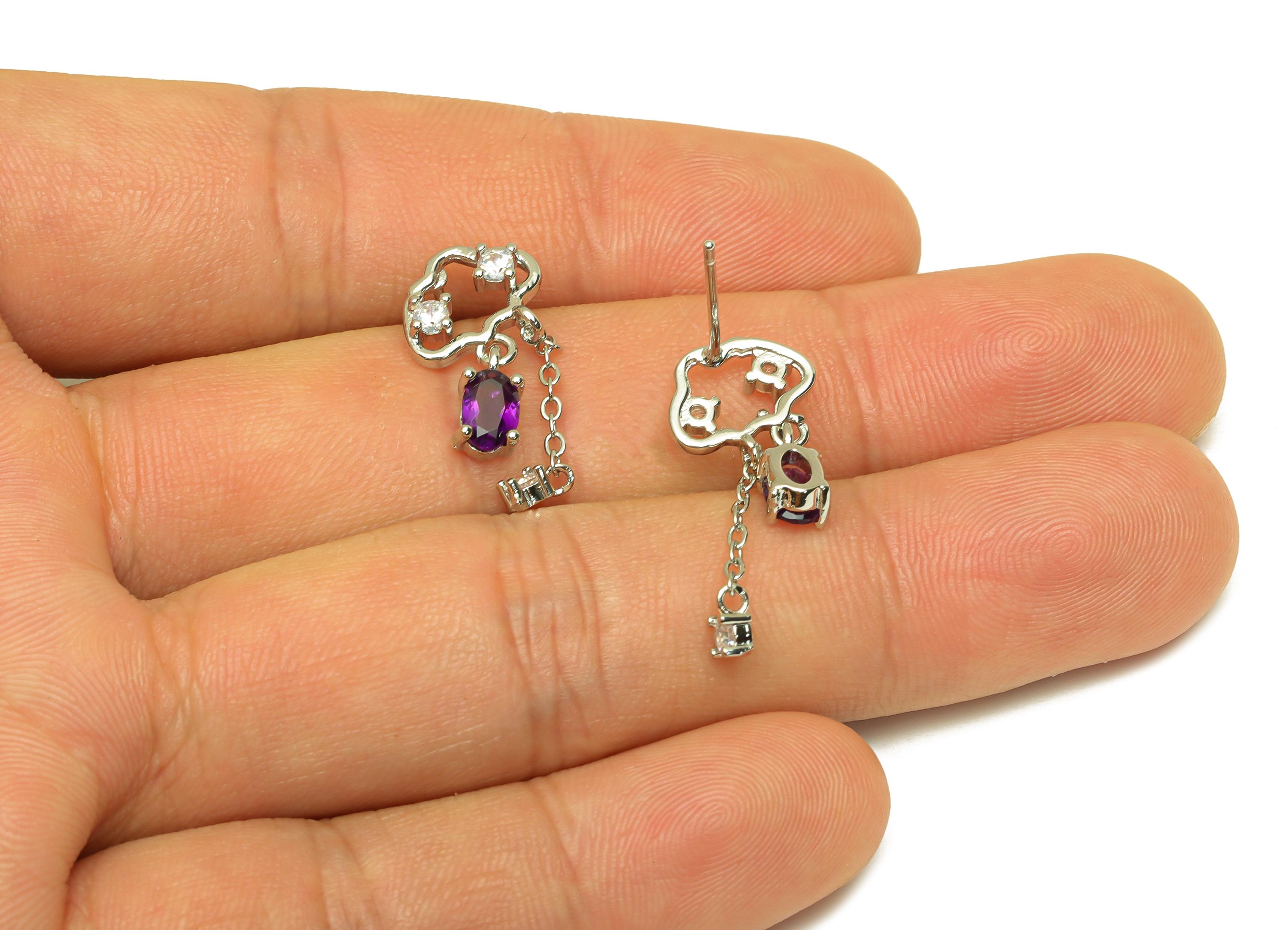 Brass Cloud Earring Stud - Brass Cubic Zircon Earring Post - Amethyst Earring Post - Silver Stud - Silver Tone Plating - 26x11x1mm - RGP7254 - DOMEDBAZAAR
