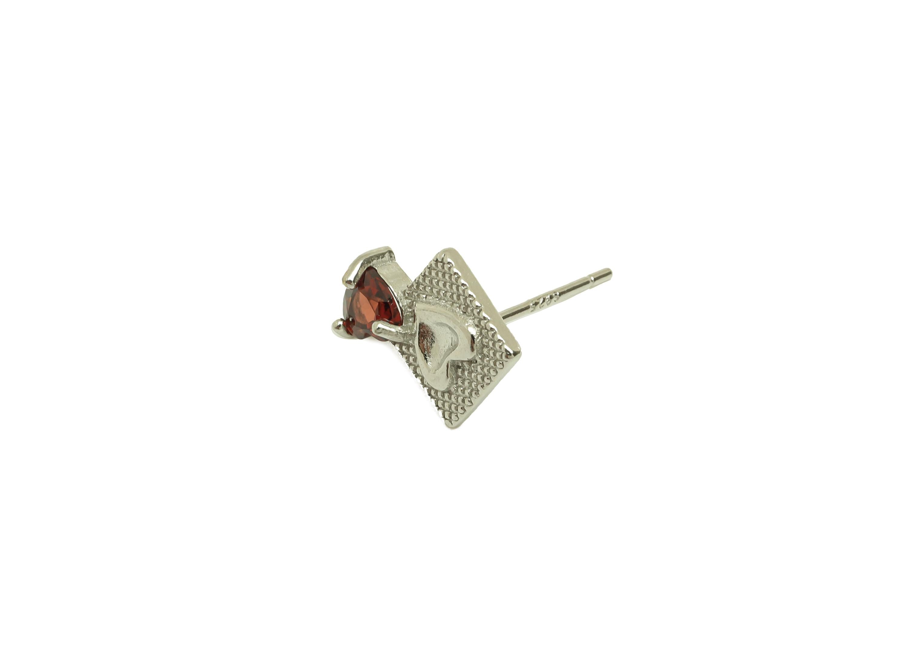 Brass Heart Earring Stud - Brass Square Garnet Earring Post - Garnet Heart Earring Post - Silver Tone Plating - 13.9x9.31x0.75mm - RGP7259 - DOMEDBAZAAR