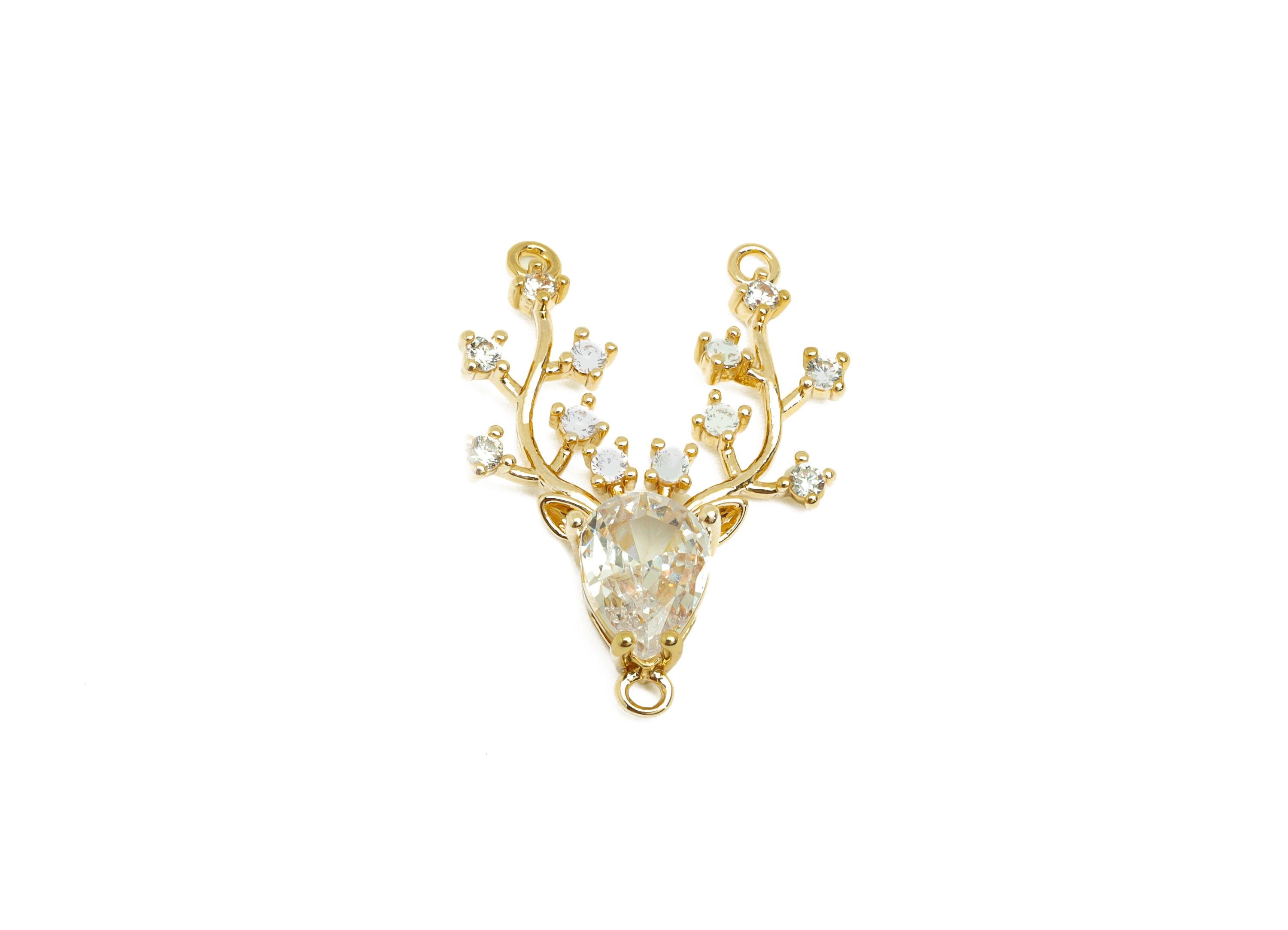 Brass Deer Head Connector - Gold Zircon Deer Charm - CZ Deer Head Connector - For Necklace - 18K Real Gold Plated - 24.7x17.9x4.28mm-RGP7665 - DOMEDBAZAAR