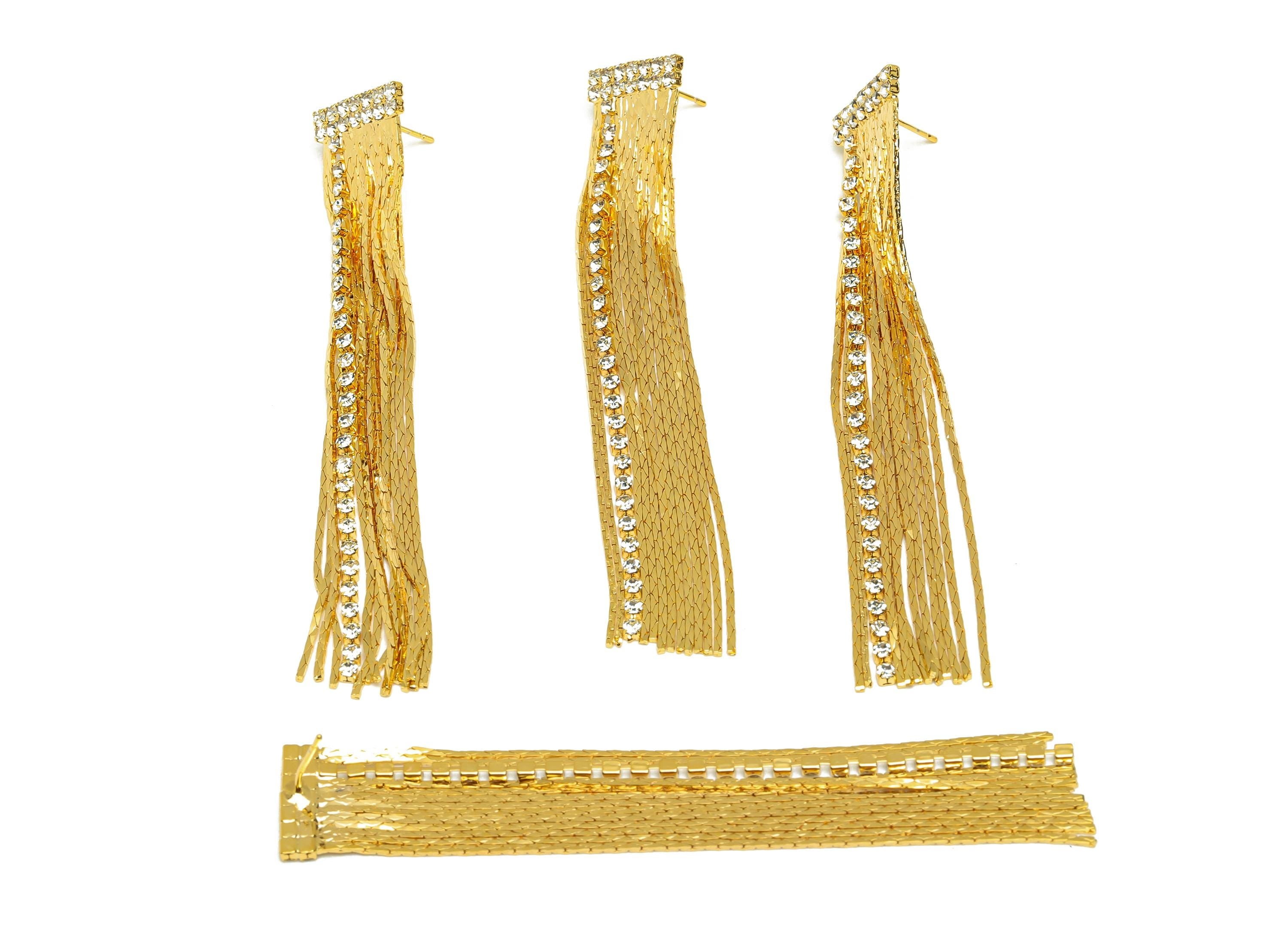 Brass Tassel Chain Earring - Brass CZ Snake Chain Ear Post - Zircon Chain Earring Stud - 18K Real Gold Plated - 89.44x14.77x2.4mm - RGP7581 - DOMEDBAZAAR