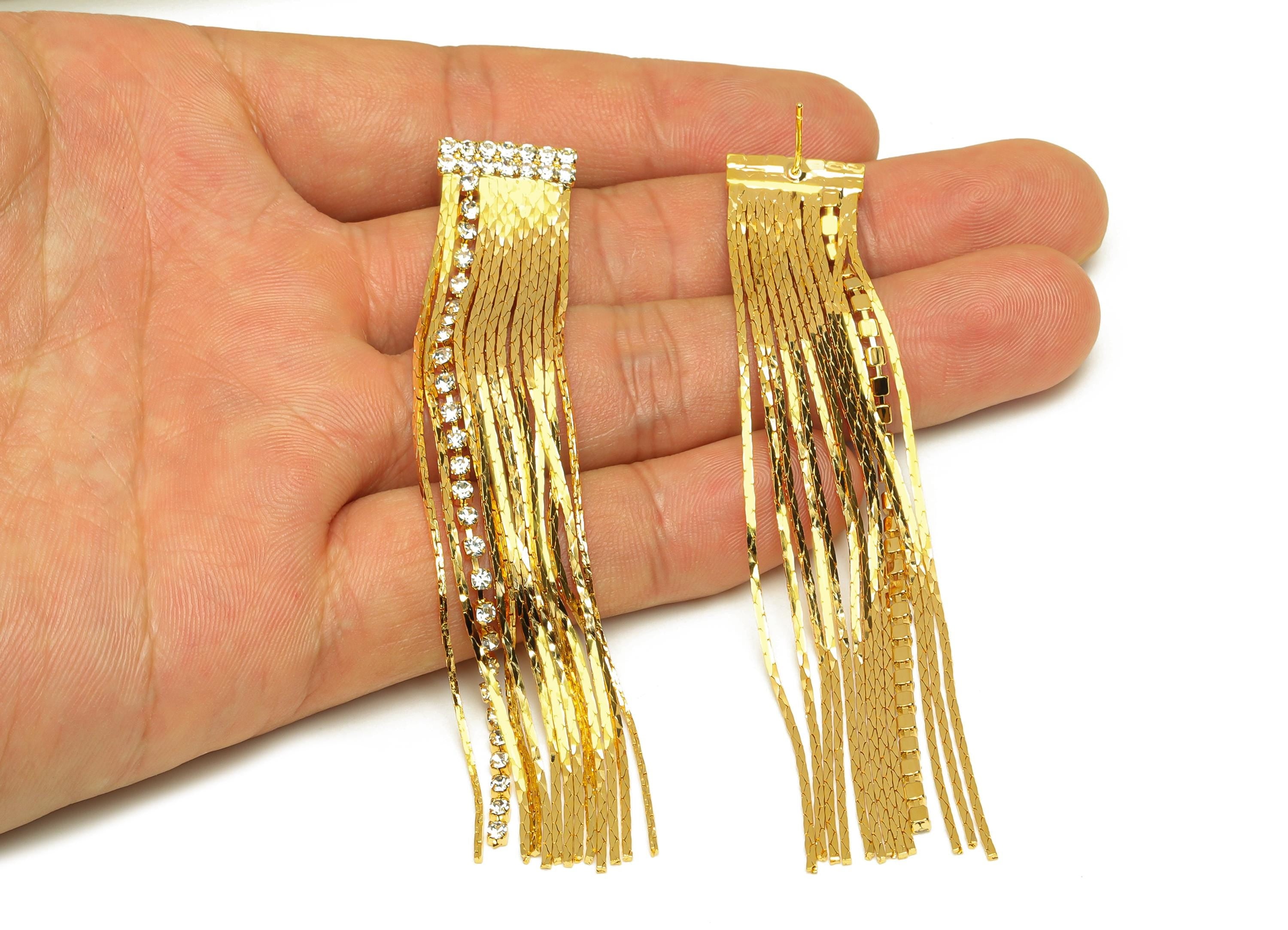 Brass Tassel Chain Earring - Brass CZ Snake Chain Ear Post - Zircon Chain Earring Stud - 18K Real Gold Plated - 89.44x14.77x2.4mm - RGP7581 - DOMEDBAZAAR