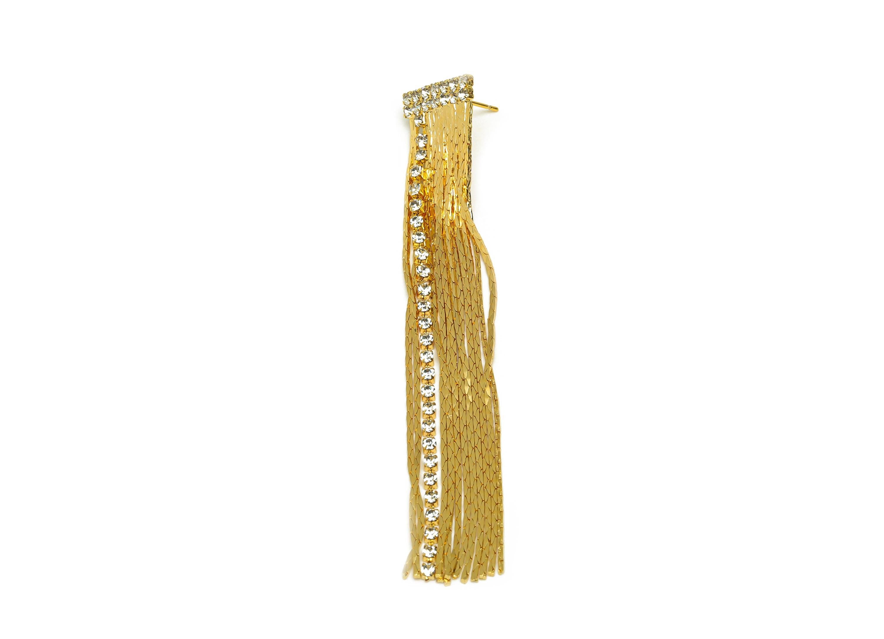 Brass Tassel Chain Earring - Brass CZ Snake Chain Ear Post - Zircon Chain Earring Stud - 18K Real Gold Plated - 89.44x14.77x2.4mm - RGP7581 - DOMEDBAZAAR