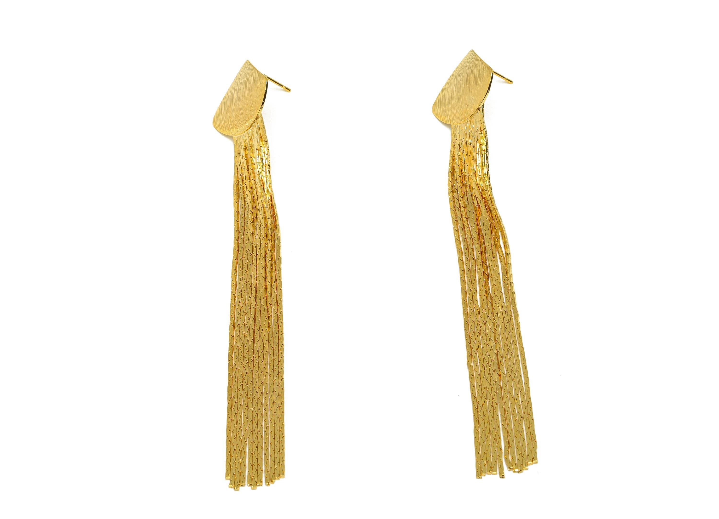 Brass Tassel Earring Stud - Gold Fan Tassel Earring Post - Textured Snake Chain Earring - 18K Real Gold Plated - 109.22x20.47x0.7mm -RGP7583 - DOMEDBAZAAR