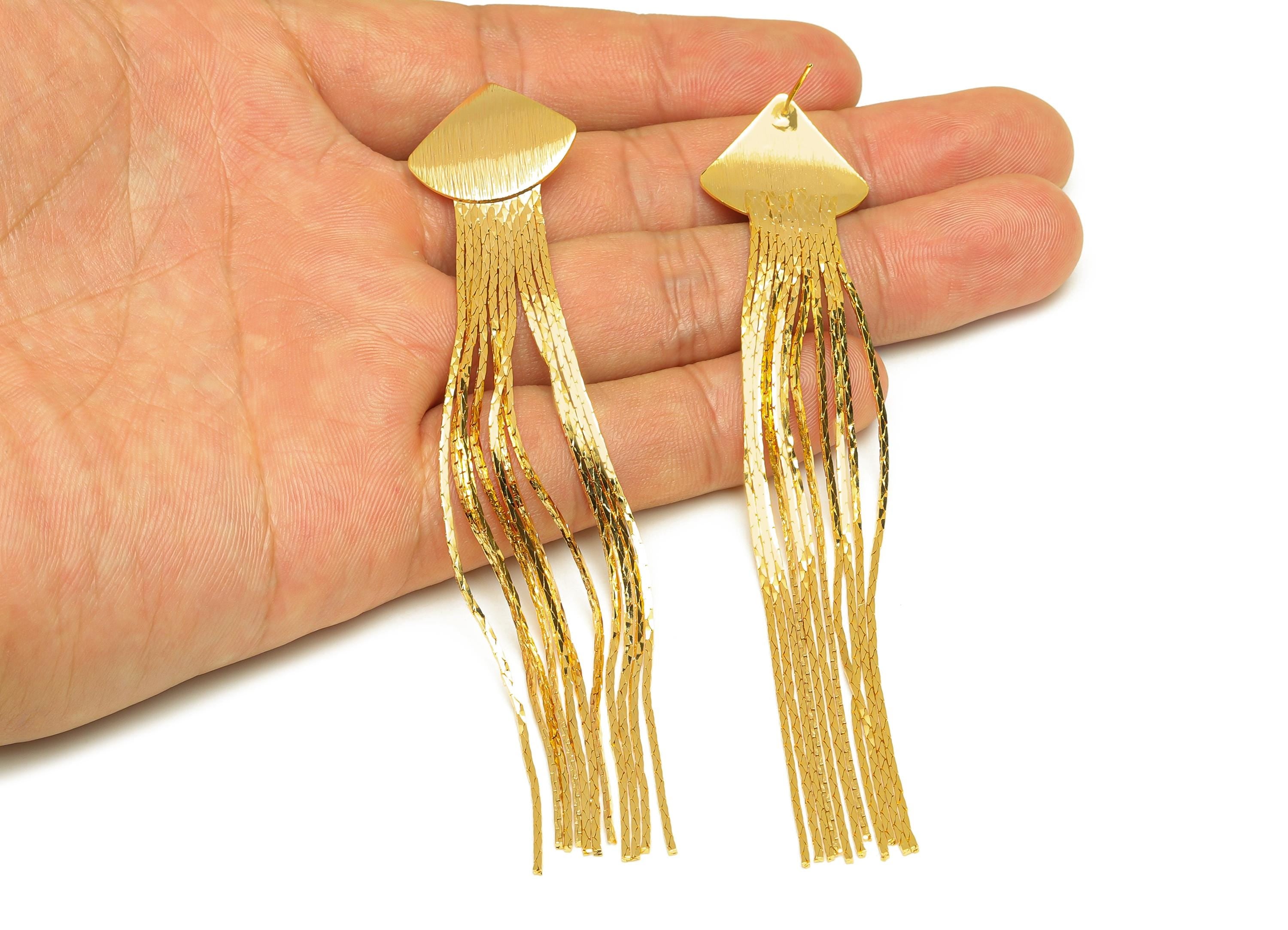 Brass Tassel Earring Stud - Gold Fan Tassel Earring Post - Textured Snake Chain Earring - 18K Real Gold Plated - 109.22x20.47x0.7mm -RGP7583 - DOMEDBAZAAR