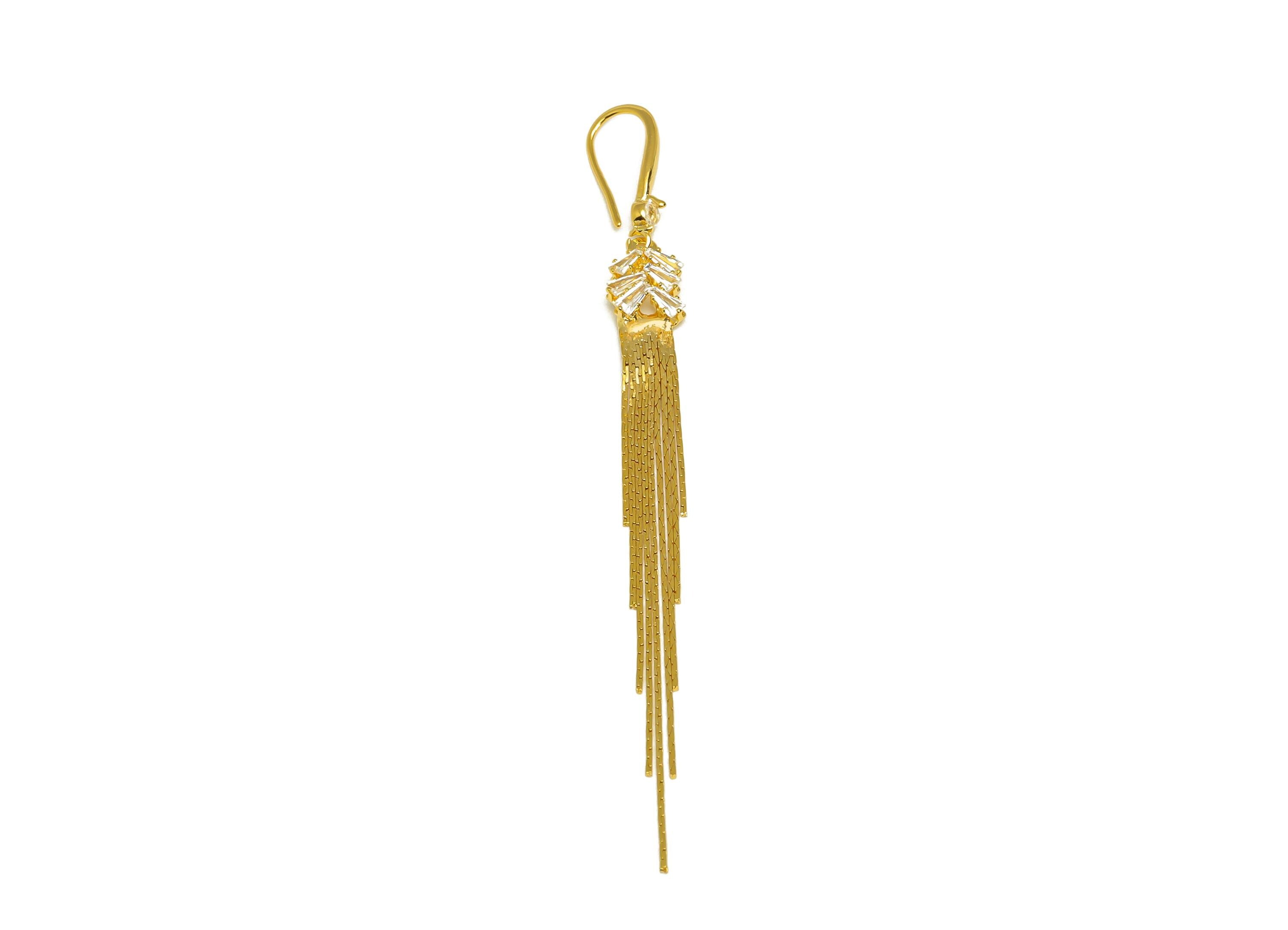 Brass Tassel Chain Earring - Gold CZ Snake Chain Ear Wire - Zircon Chain Earring Hook - 18K Real Gold Plating - 89.26x7.6x2.63mm - RGP7582 - DOMEDBAZAAR
