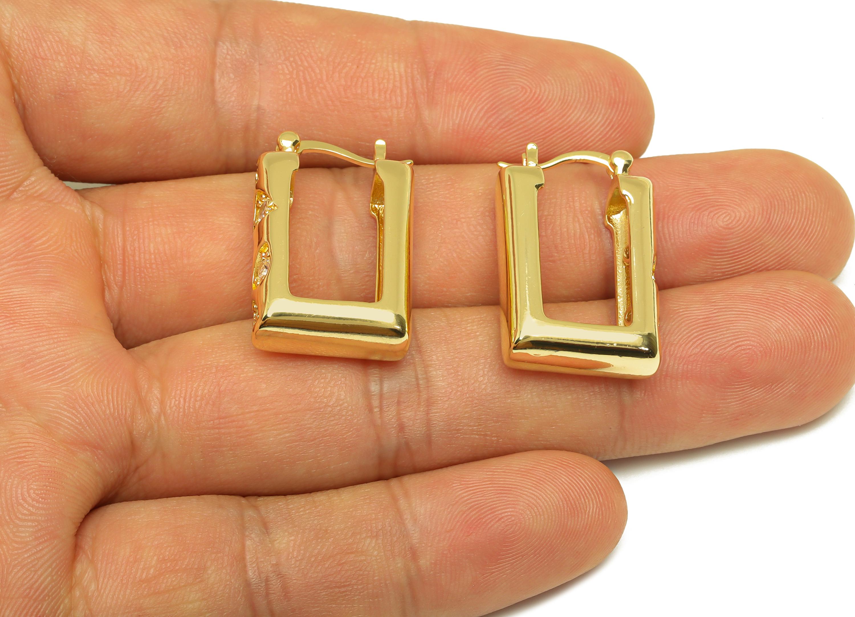 Brass Rectangle Hoop Earring - Gold Geometric Zircon Huggie Earring - Rectangle Hoop Ear - 18K Real Gold Plated - 26.35x16.46x0.69mm-RGP7590 - DOMEDBAZAAR