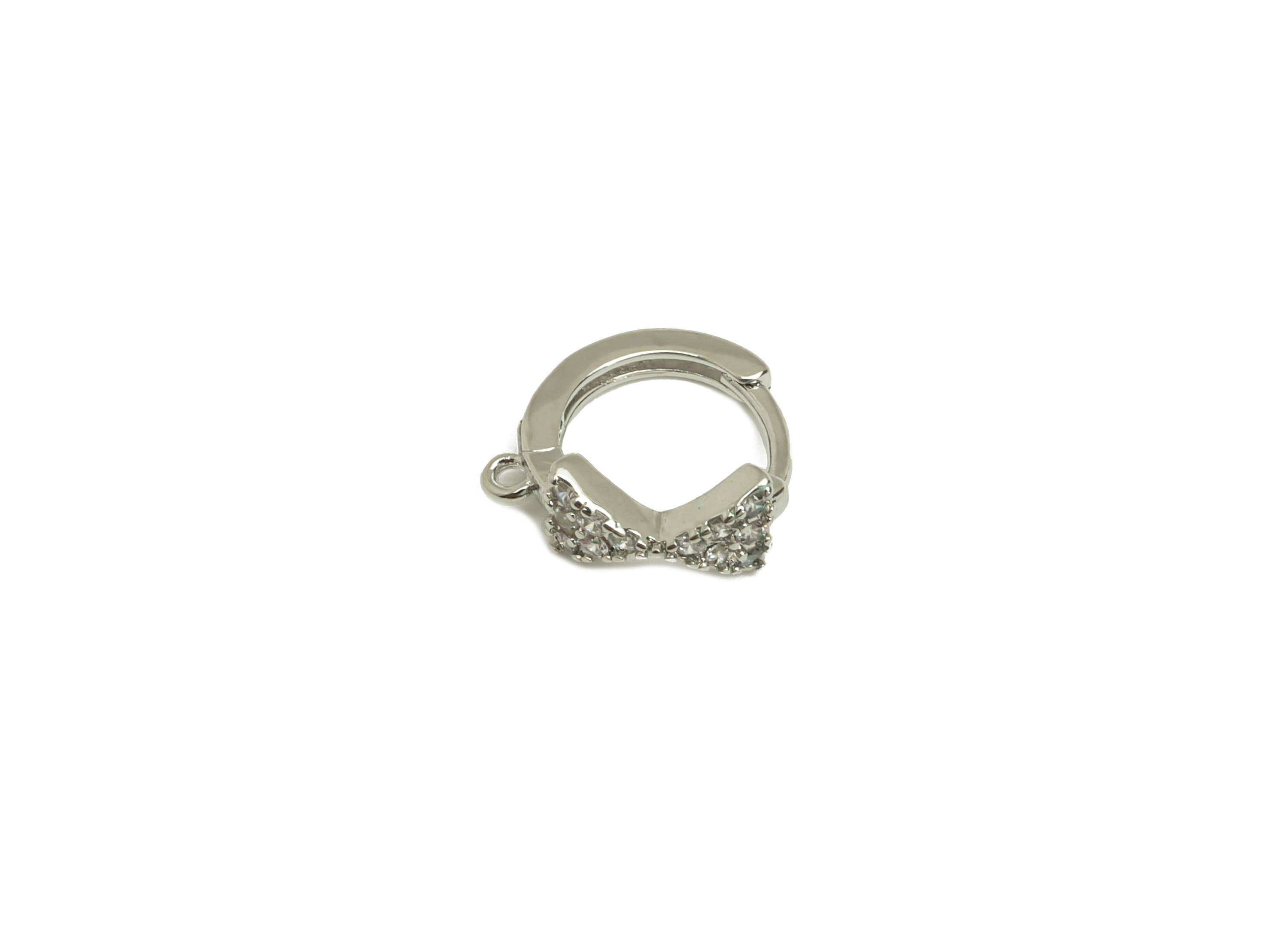 Brass CZ Bow Huggie Hoop - Butterfly Bow Earring Clasp - Zircon Hoop Clasp Earring - 18K Real White Gold Plating - 10x10x4.8mm - RGP7826 - DOMEDBAZAAR