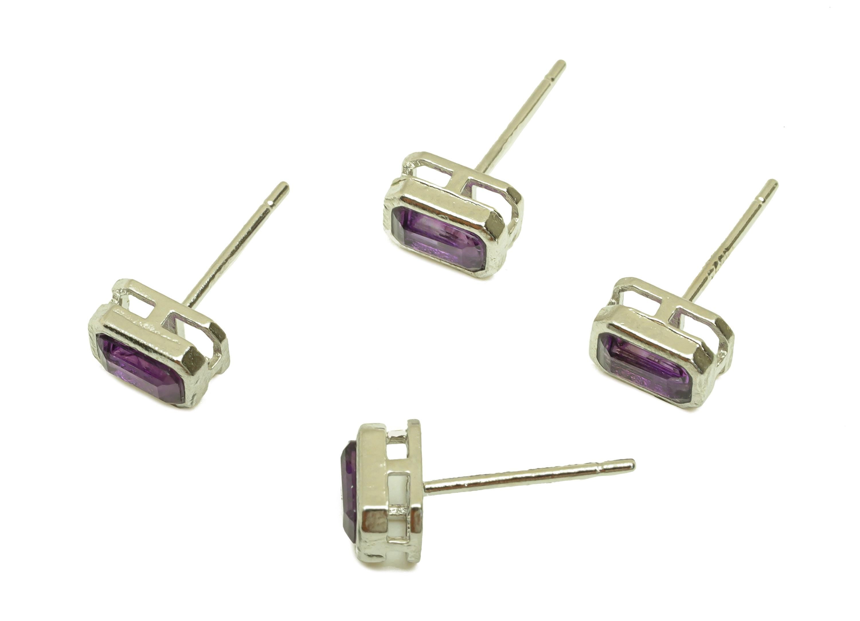 Brass Amethyst Earring Stud - Brass Rectangle Earring Post - Amethyst Earring Post -925 Silver Tone Plating - 14.74x4.67x0.75mm - RGP7243 - DOMEDBAZAAR