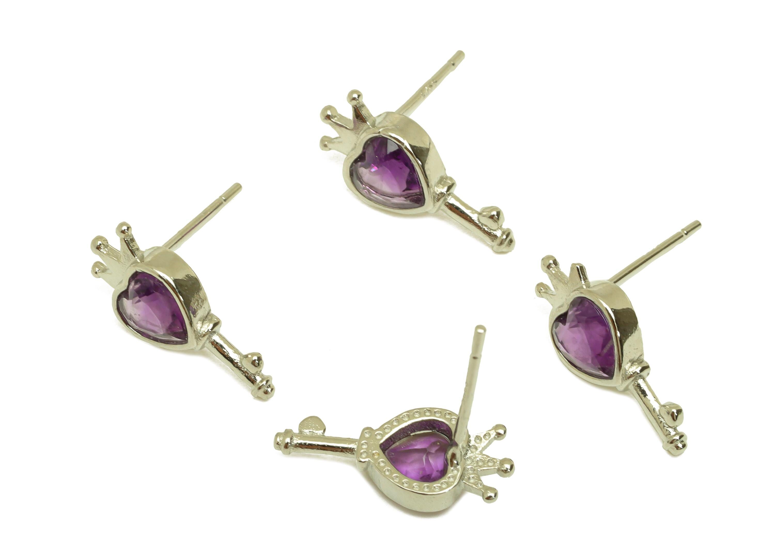 Brass Heart Earring Stud - Brass Crown Earring Post - Heart Amethyst Earring Post - 925 Silver Tone Plating - 13.92x6.29x0.74mm - RGP7247 - DOMEDBAZAAR