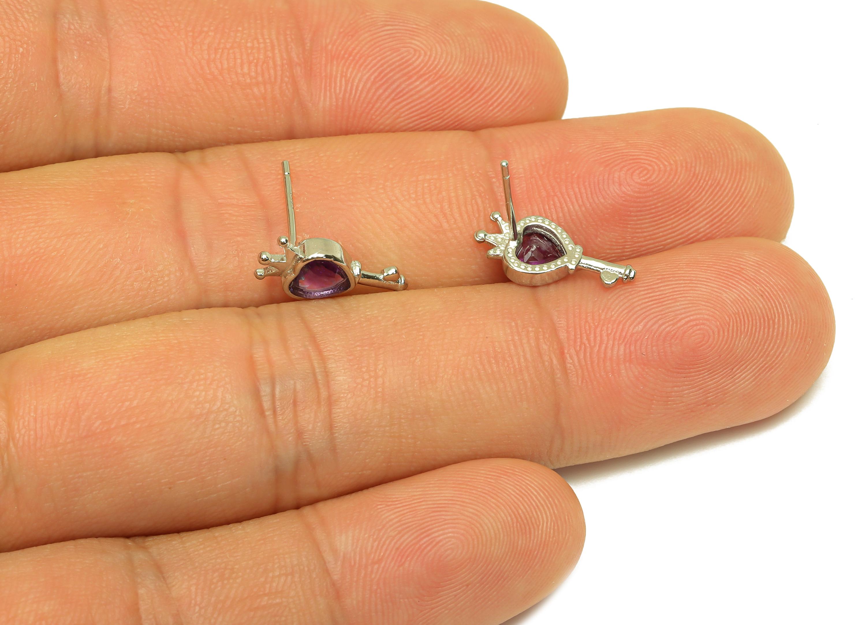 Brass Heart Earring Stud - Brass Crown Earring Post - Heart Amethyst Earring Post - 925 Silver Tone Plating - 13.92x6.29x0.74mm - RGP7247 - DOMEDBAZAAR