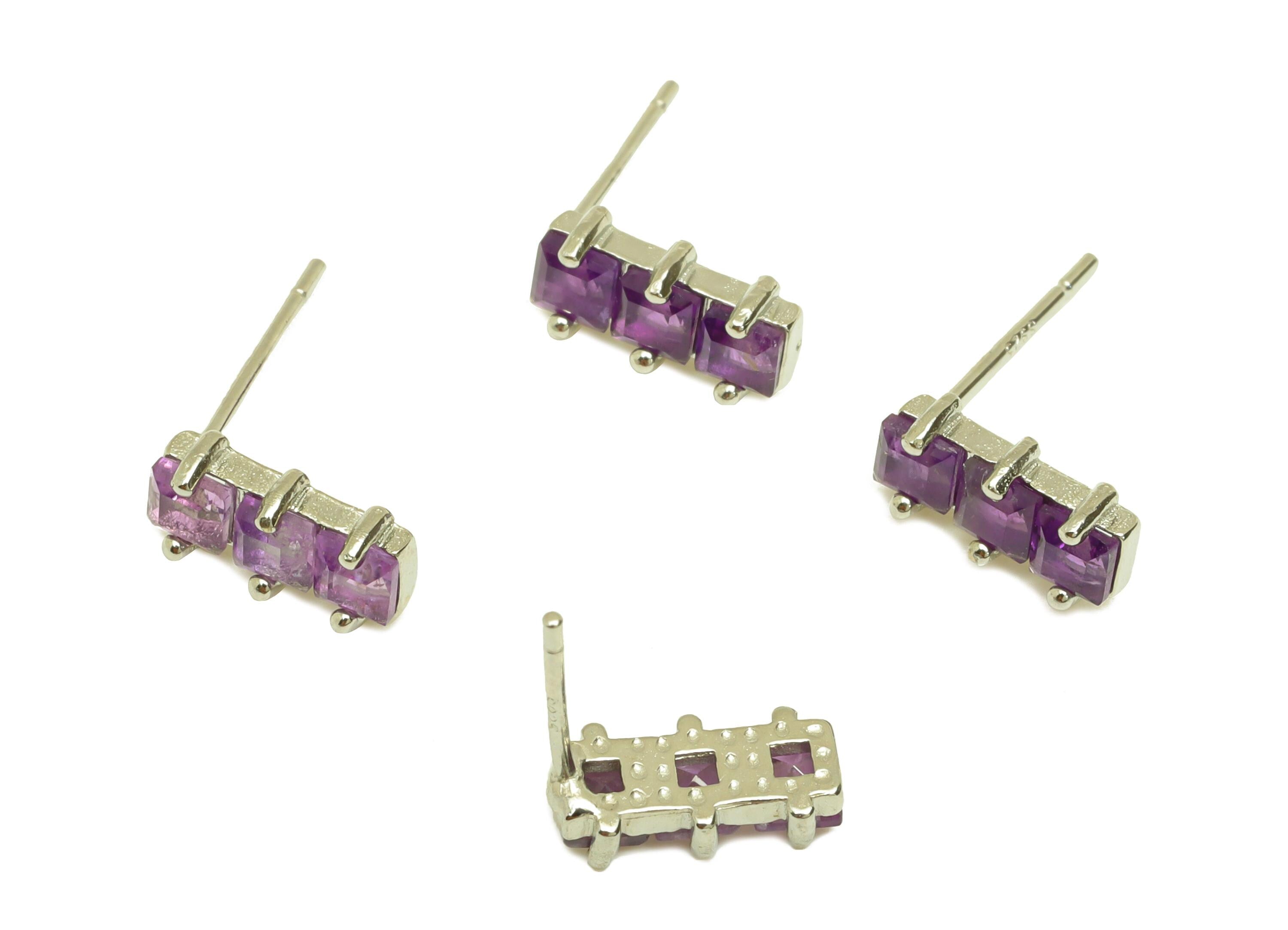 Brass Rectangle Earring Stud - Brass Earring Post - Amethyst Earring Post - Brass Stud - Silver Tone Plating - 13x4x0.7mm - RGP7249 - DOMEDBAZAAR