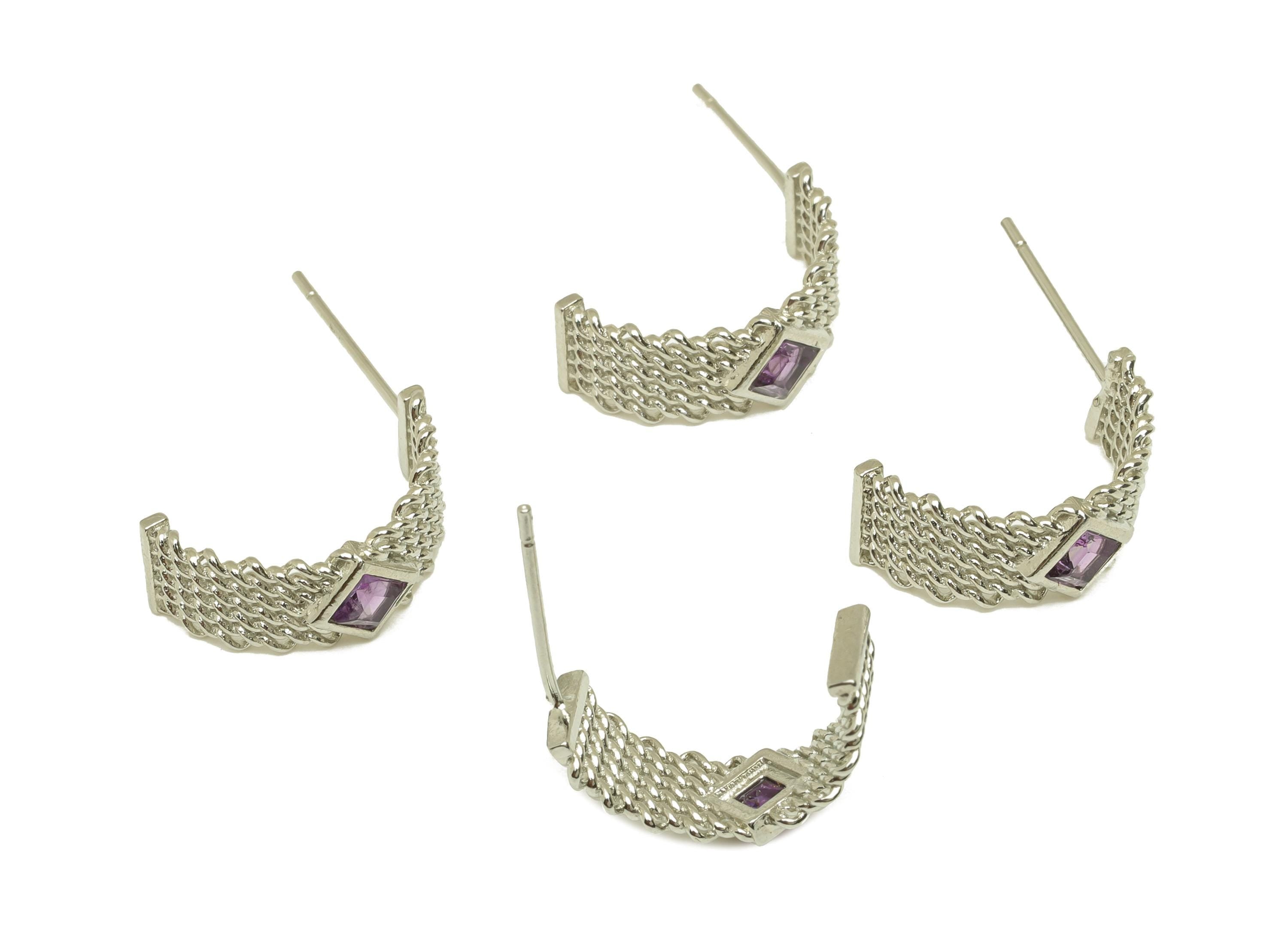 Brass Hoop Earring Stud - Brass Rings Earring Post - Brass Weave Wire Amethyst Earring Post - Silver Tone Plating - 16.34x6x0.7mm - RGP7252 - DOMEDBAZAAR