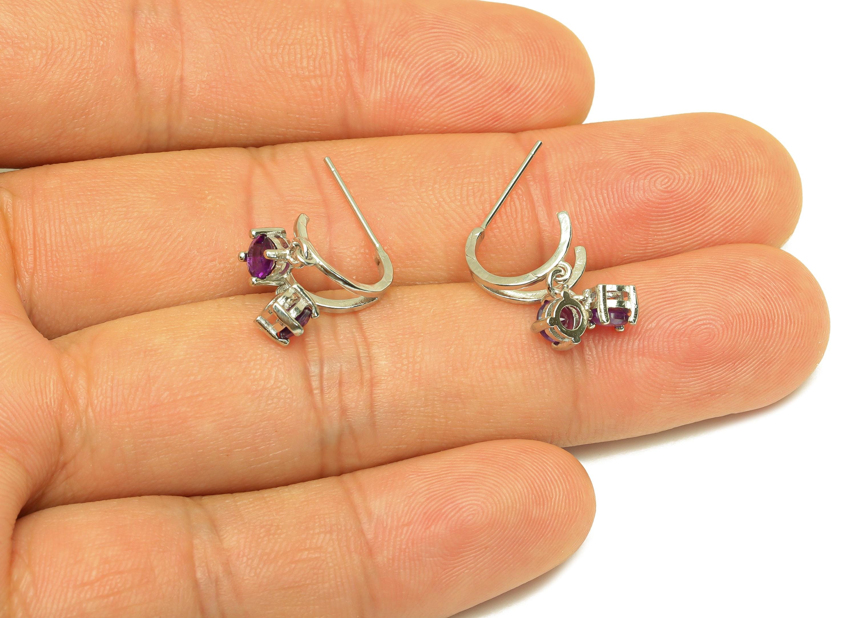 Brass Hoop Earring Stud - Brass Dangle Earring Post - Brass Hoop Amethyst Earring Post - Silver Tone Plating - 19.12x10.69x0.69mm - RGP7251 - DOMEDBAZAAR