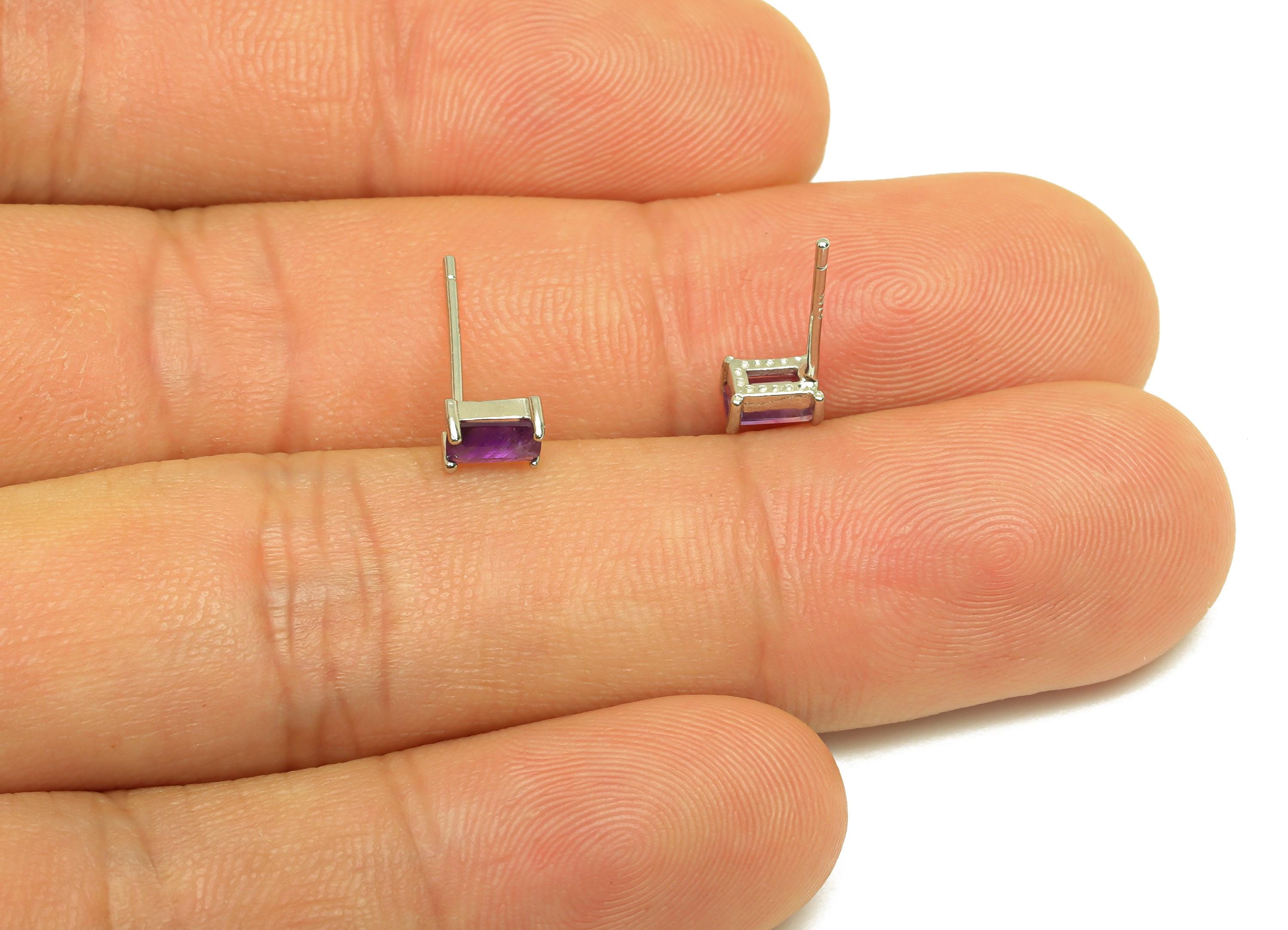 Brass Rectangle Earring Stud - Geometry Earring Post - Amethyst Earring Post - 925 Silver Stud - Silver Tone Plating - 13x3x0.71mm - RGP7242 - DOMEDBAZAAR