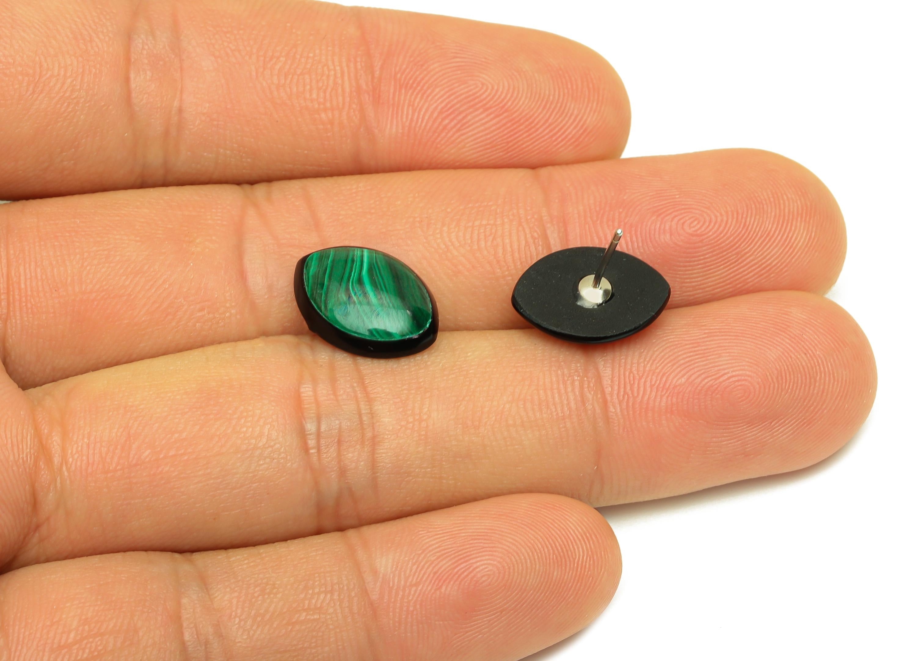 Brass Malachite Earring Stud - Brass Green Marquise Earring Post - 925 Silver Earring Post - Silver Tone Plating -14x14x0.68mm - RGP7262 - DOMEDBAZAAR
