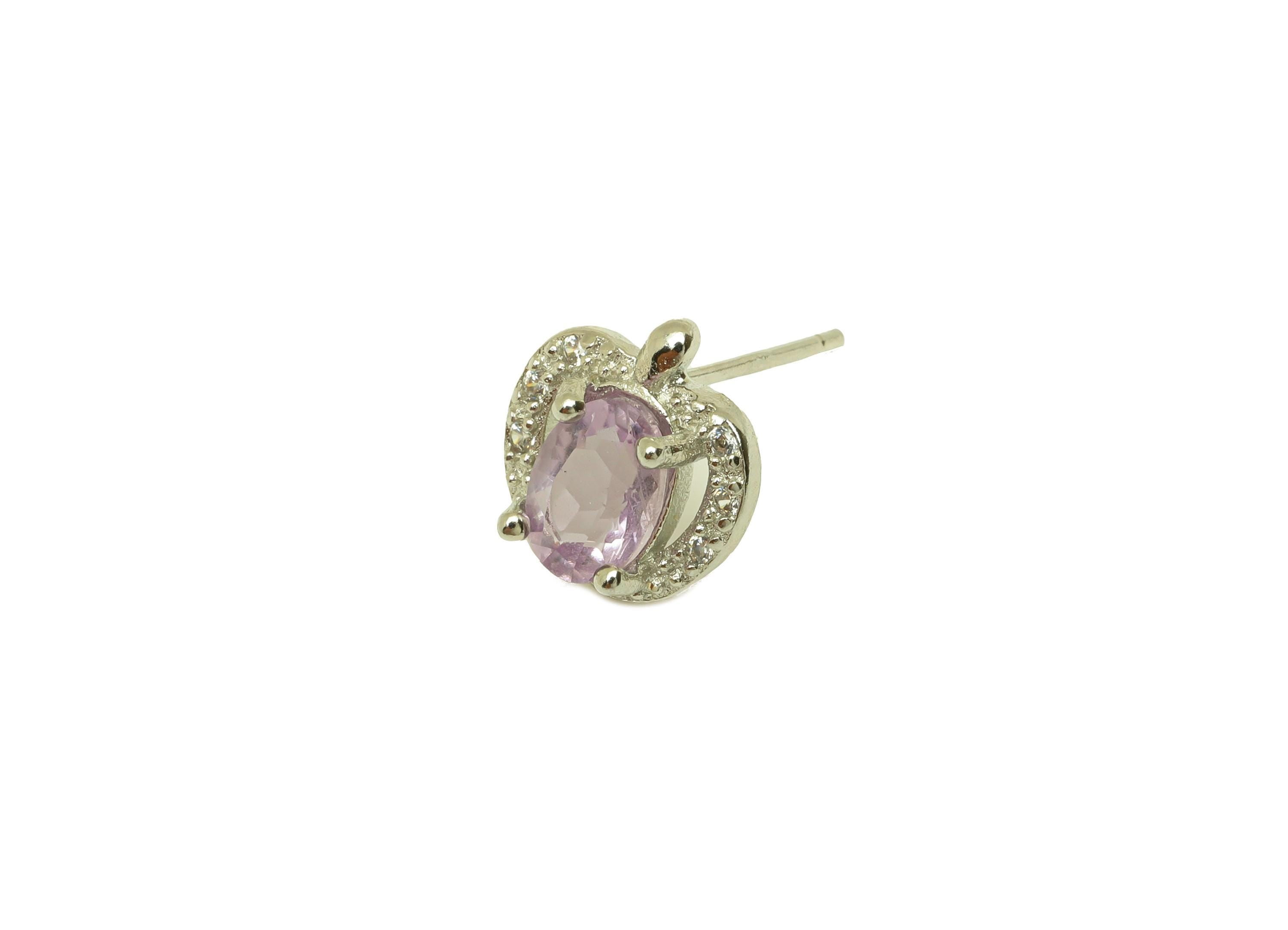 Brass Apple Earring Stud - Brass Cubic Zircon Earring Post - Amethyst Earring Post - Silver Stud - Silver Tone Plating - 15x9x1mm - RGP7255 - DOMEDBAZAAR