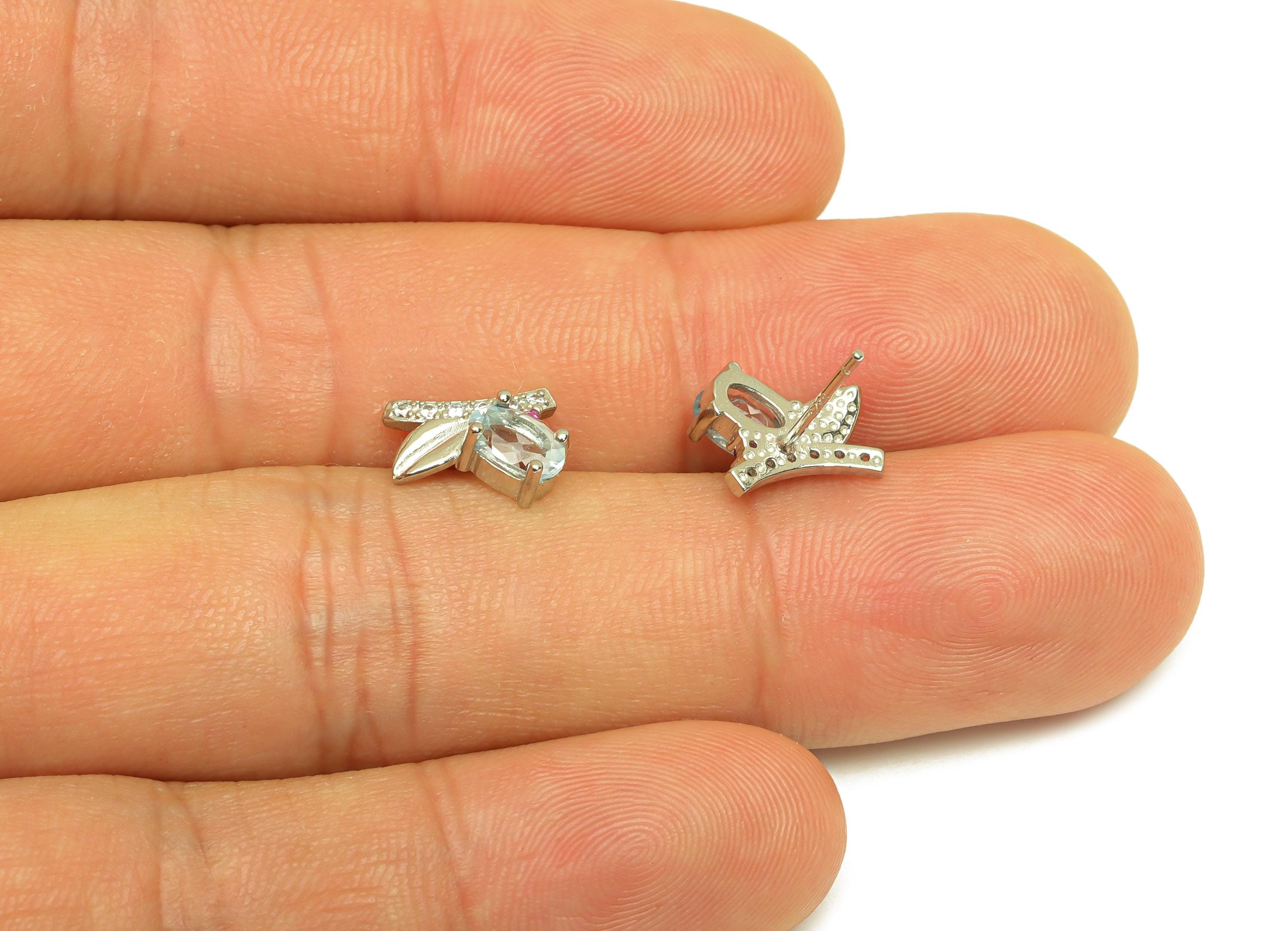 Brass Leaf Earring Stud - Brass Cubic Zircon Earring Post - Topaz Earring Post - 925 Silver Stud - Silver Tone Plating - 14x10x1mm - RGP7272 - DOMEDBAZAAR