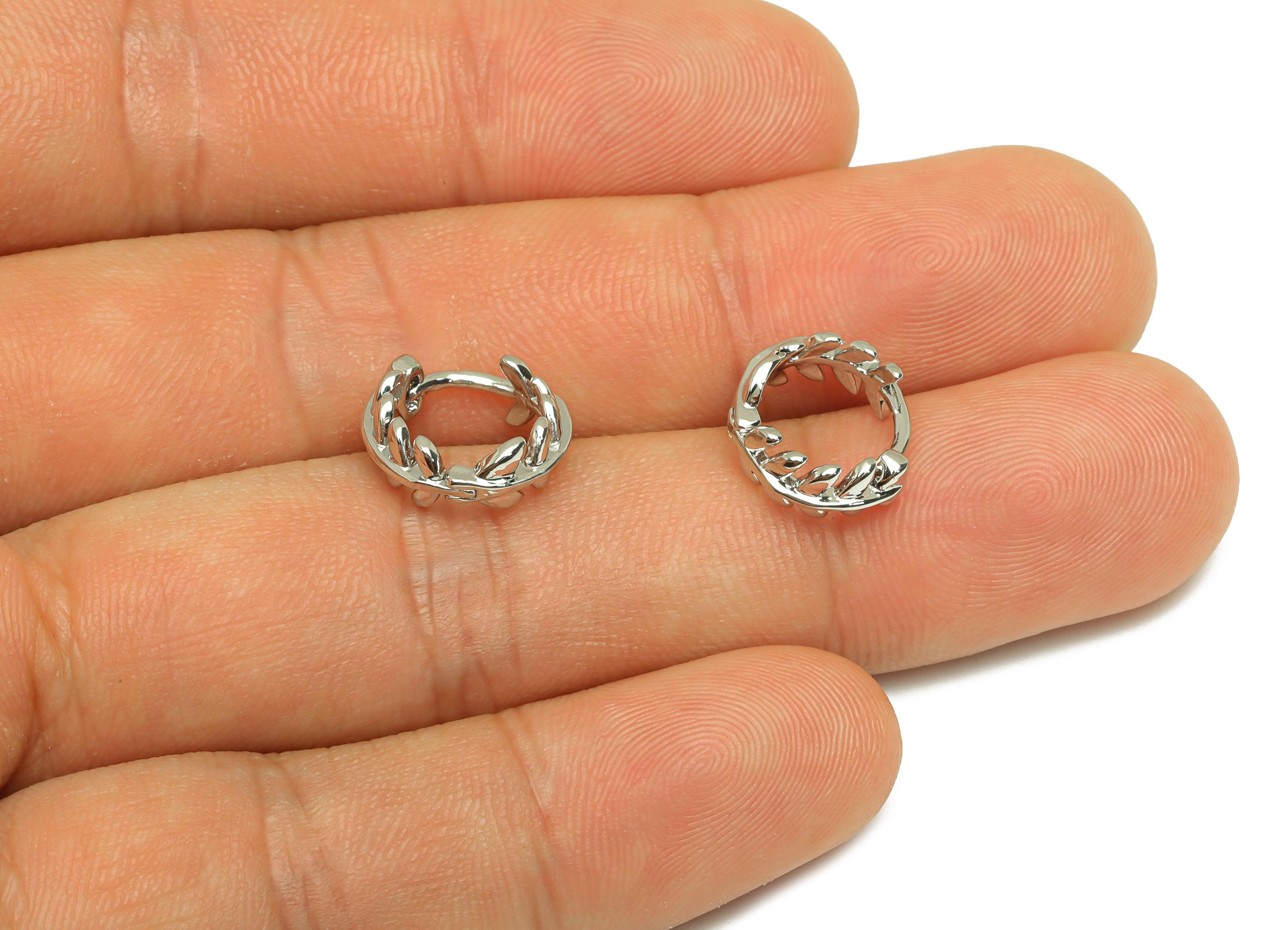 Brass Huggie Hoop Earring - Brass Leaf Earring Clasp - Branch Hoop Clasp Earring - 18K Real White Gold Plating - 12.78x12.57x4.7mm - RGP7821 - DOMEDBAZAAR