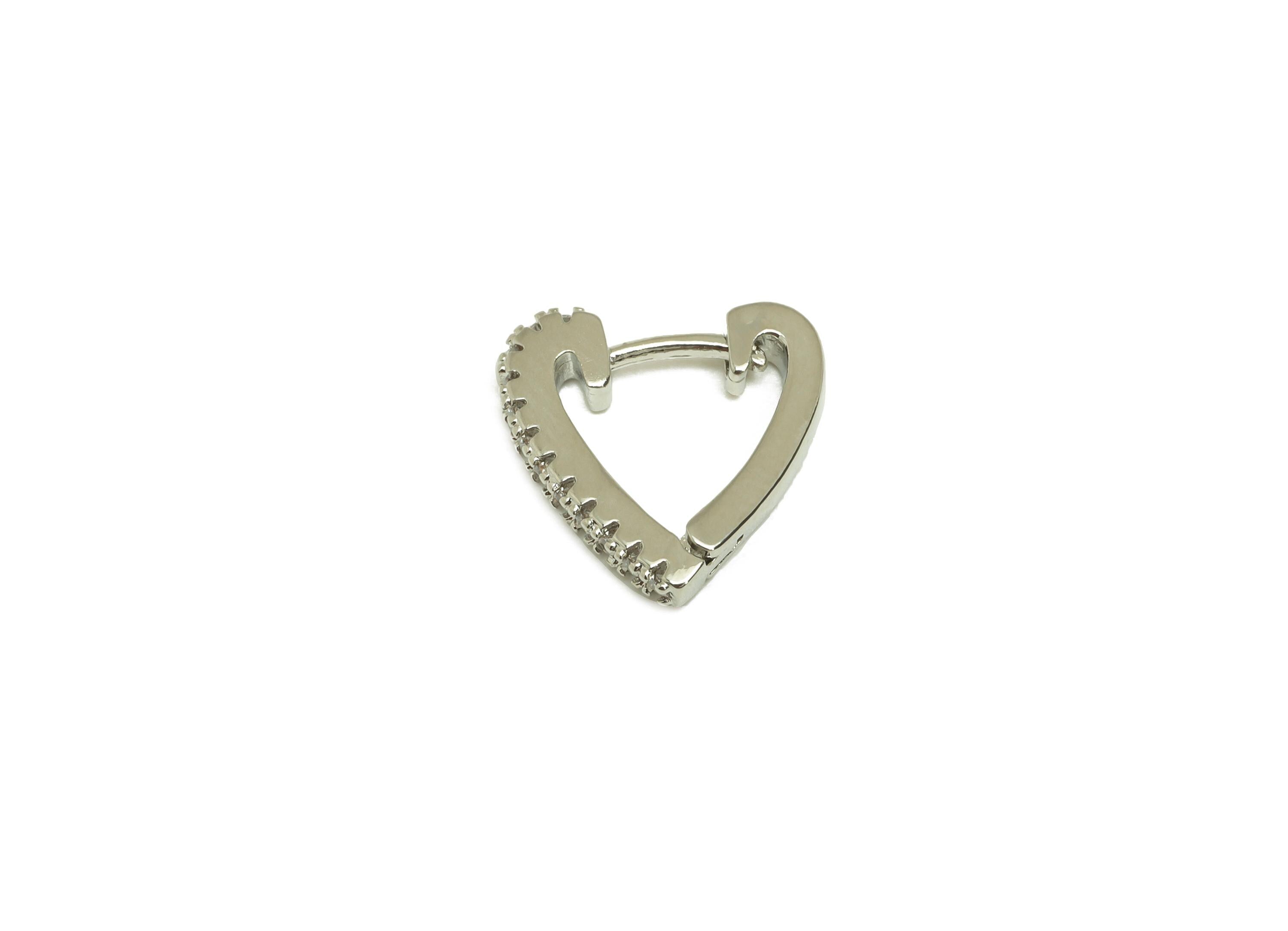 Brass Huggie Hoop Earring - Brass Heart Earring Clasp - Zircon Hoop Clasp Earring - 18K Real White Gold Plating - 13x12.7x2.14mm - RGP7799 - DOMEDBAZAAR