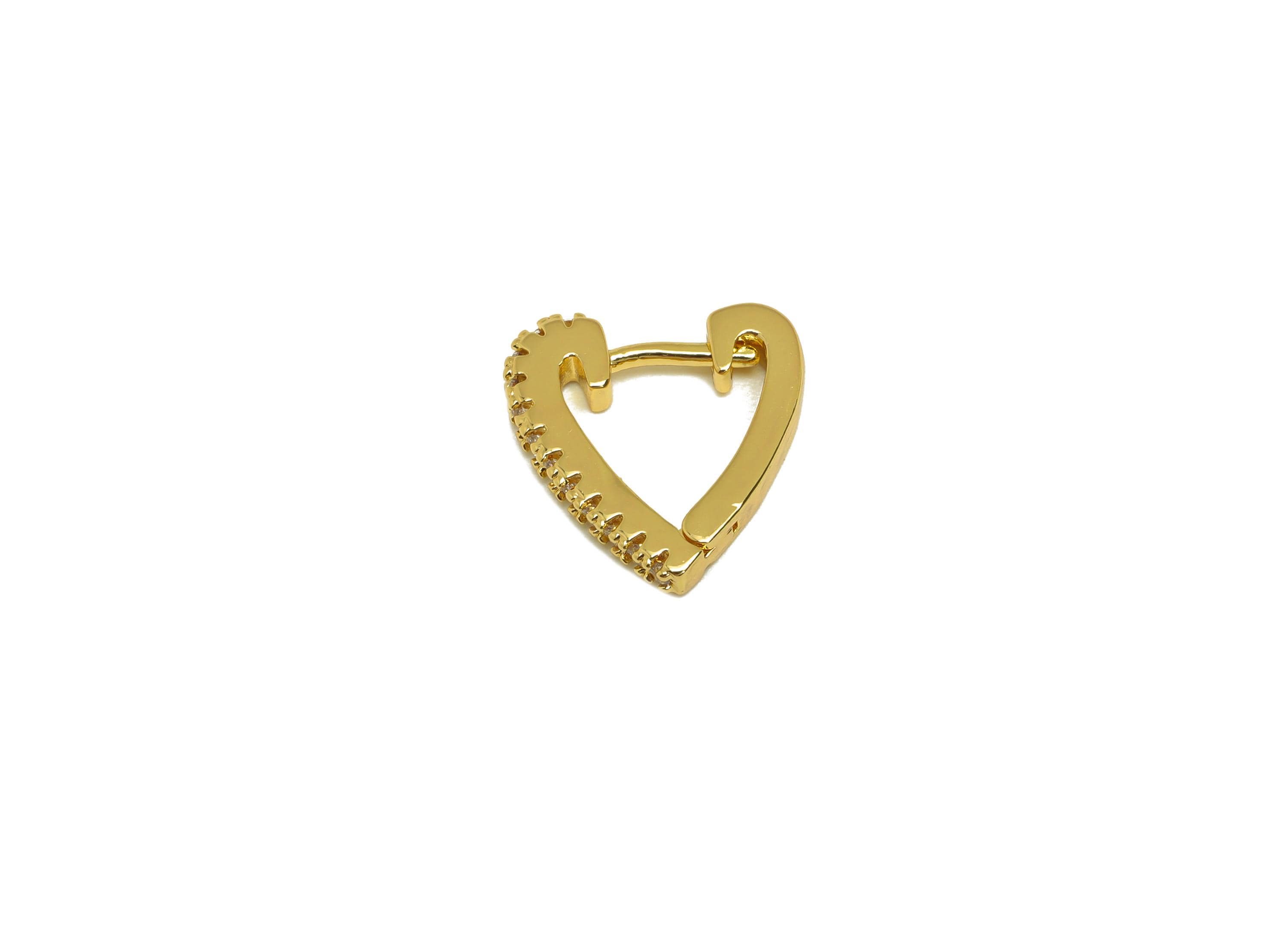 Brass Huggie Hoop Earring - Brass Heart Earring Clasp - Cubic Zircon Hoop Clasp Earring - 18K Real Gold Plating - 13x12.7x2.14mm - RGP7810 - DOMEDBAZAAR