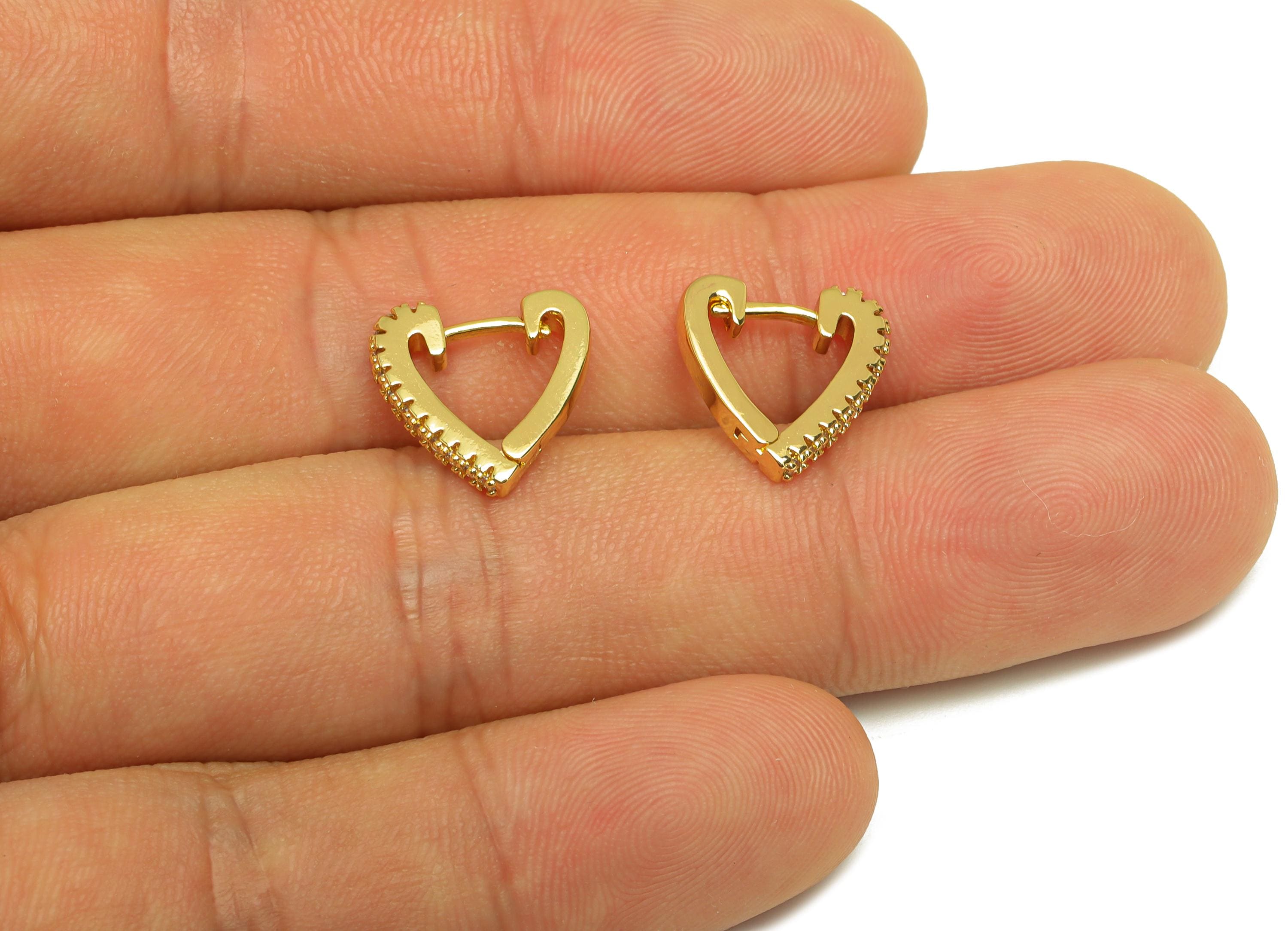 Brass Huggie Hoop Earring - Brass Heart Earring Clasp - Cubic Zircon Hoop Clasp Earring - 18K Real Gold Plating - 13x12.7x2.14mm - RGP7810 - DOMEDBAZAAR