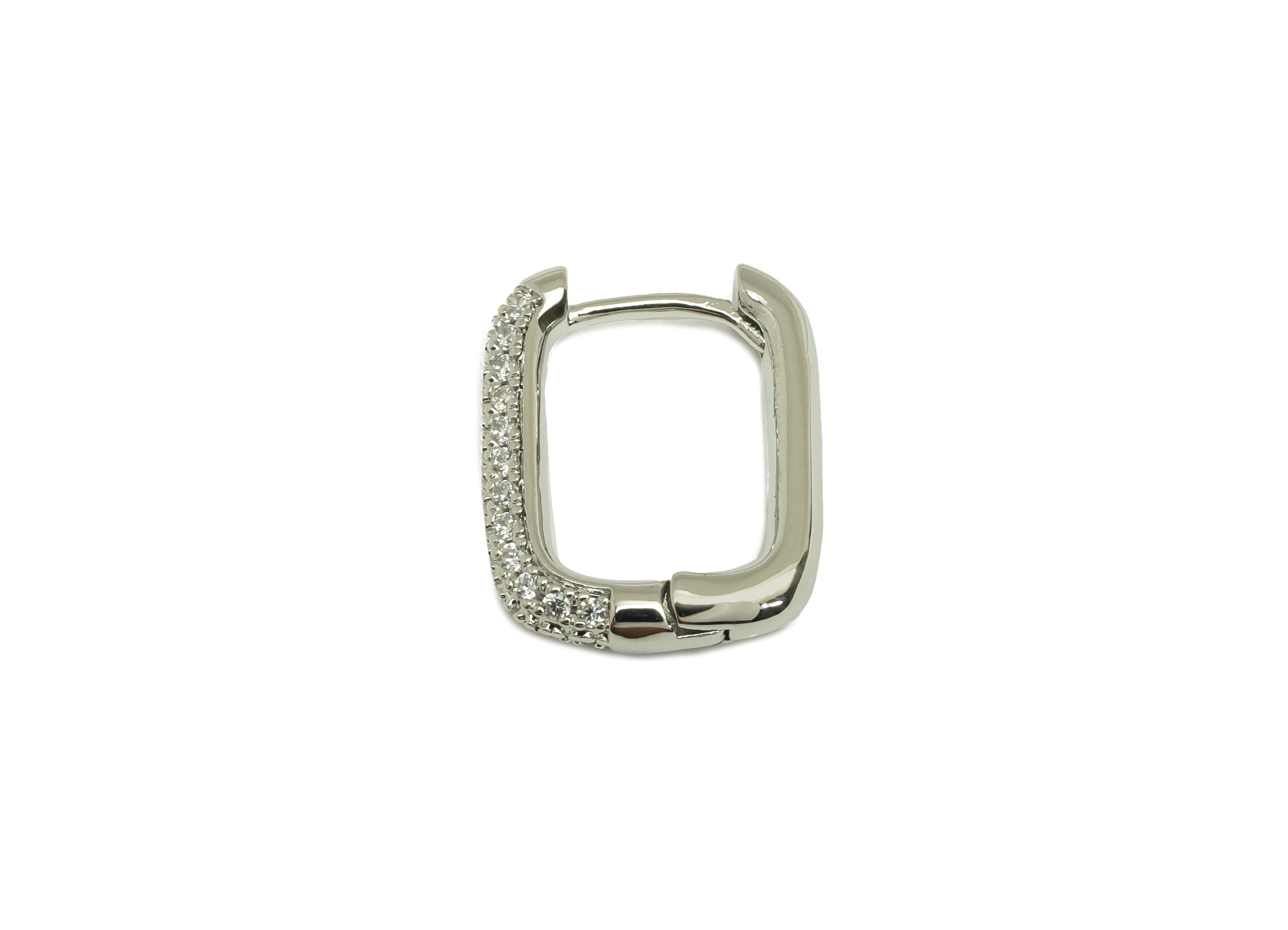 Brass Huggie Hoop Earring - Brass Rectangle Earring Clasp - Zircon Hoop Clasp Earring - 18K Real White Gold Plating - 19.42x14x3mm - RGP7804 - DOMEDBAZAAR