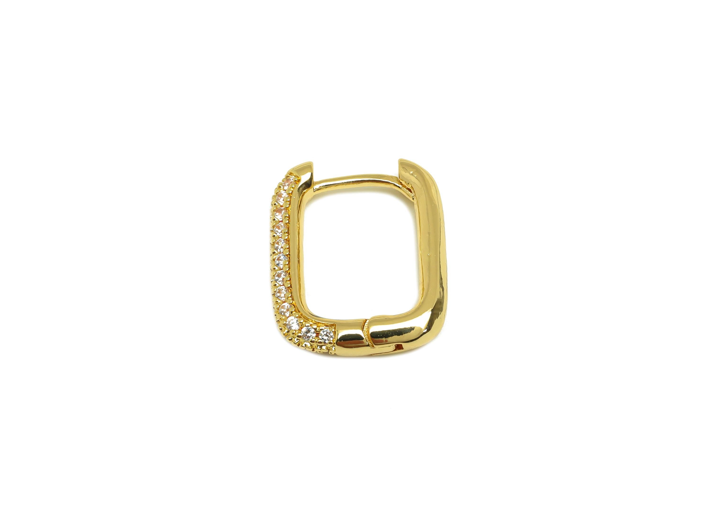 Brass Huggie Hoop Earring - Brass Rectangle Earring Clasp - Zircon Hoop Clasp Earring - 18K Real Gold Plating - 19.42x14x3mm - RGP7815 - DOMEDBAZAAR