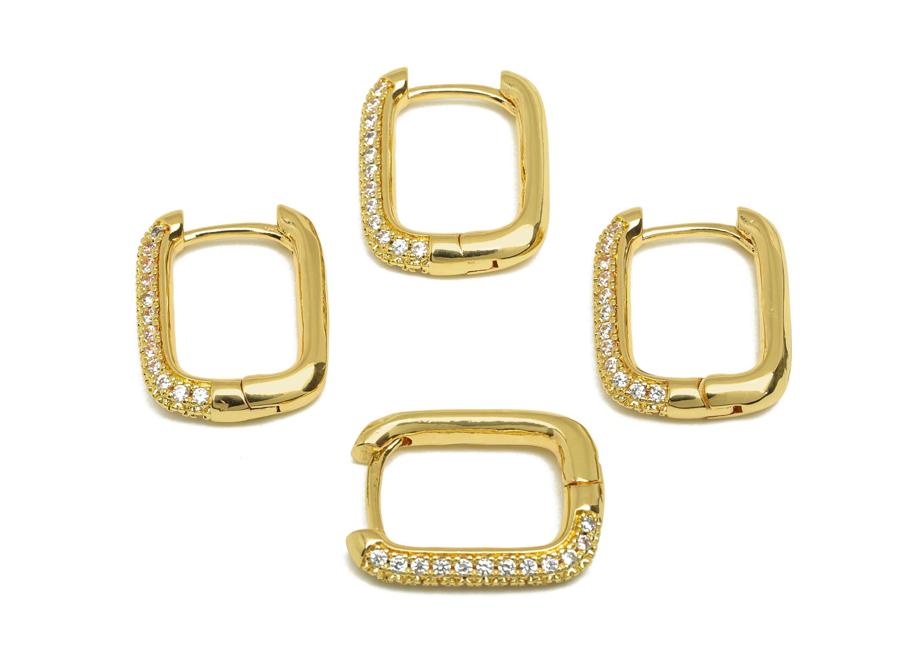 Brass Huggie Hoop Earring - Brass Rectangle Earring Clasp - Zircon Hoop Clasp Earring - 18K Real Gold Plating - 19.42x14x3mm - RGP7815 - DOMEDBAZAAR