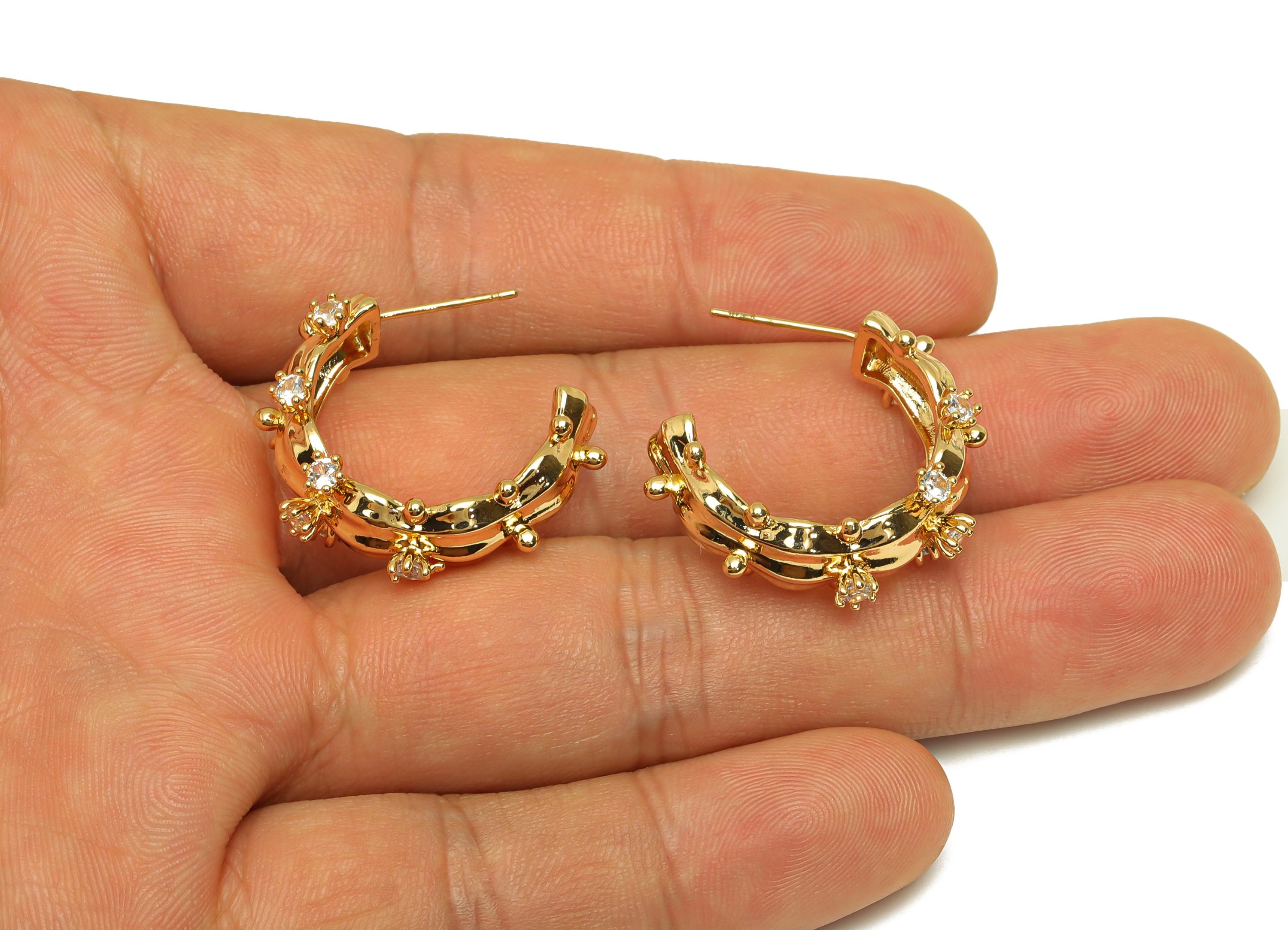 Brass C Hoop Earring - Gold Zircon Wave Hoop Earring Stud - CZ Round Textured Open Earring Post - 18K Real Gold Plating -25x23x5.3mm-RGP7595 - DOMEDBAZAAR