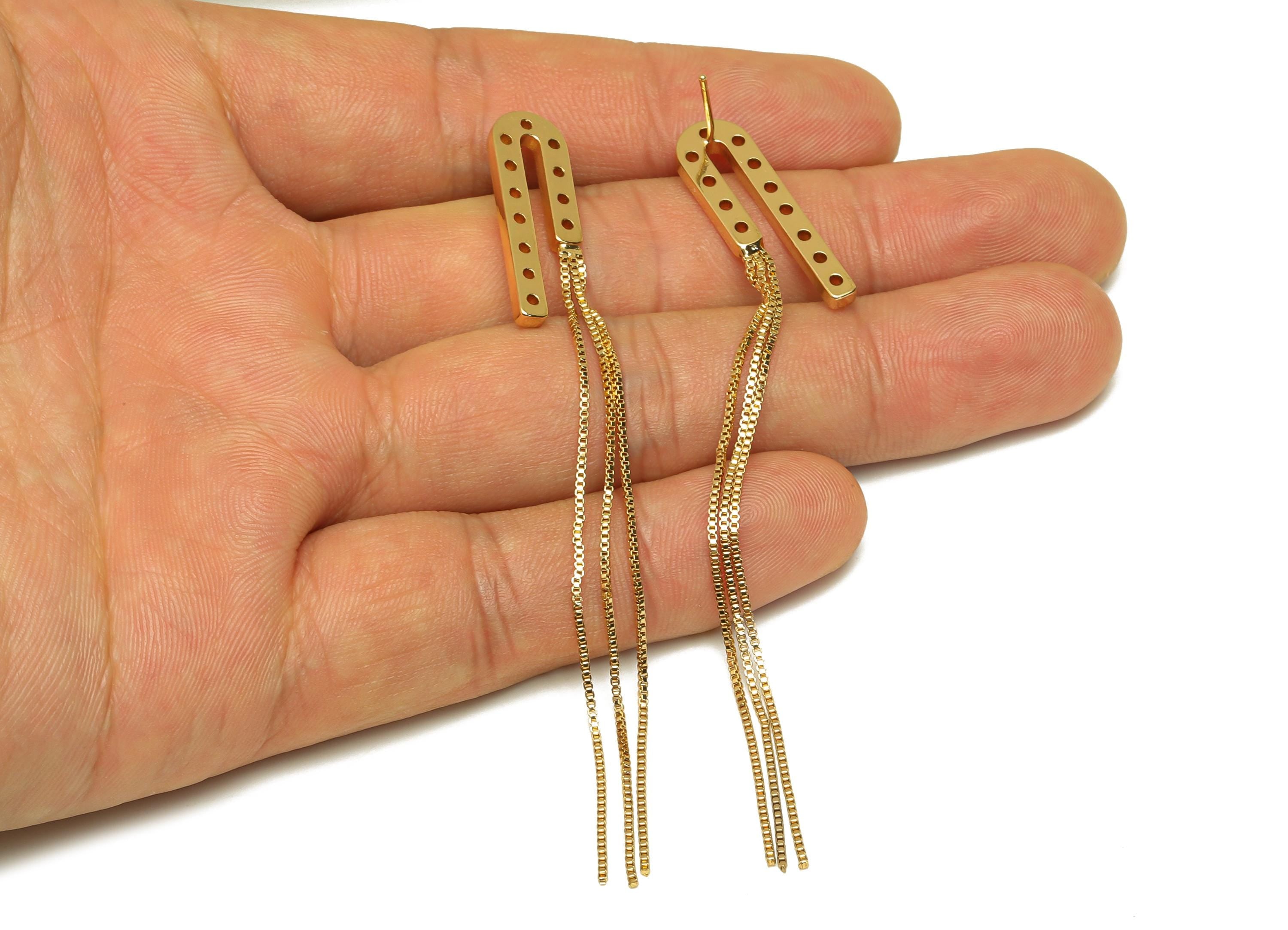Brass U Tassel Earring Stud - Gold Irregular Tassel Earring Post - Snake Chain Tassel Ear - 18K Real Gold Plated - 87.4x8.2x2.05mm - RGP7600 - DOMEDBAZAAR