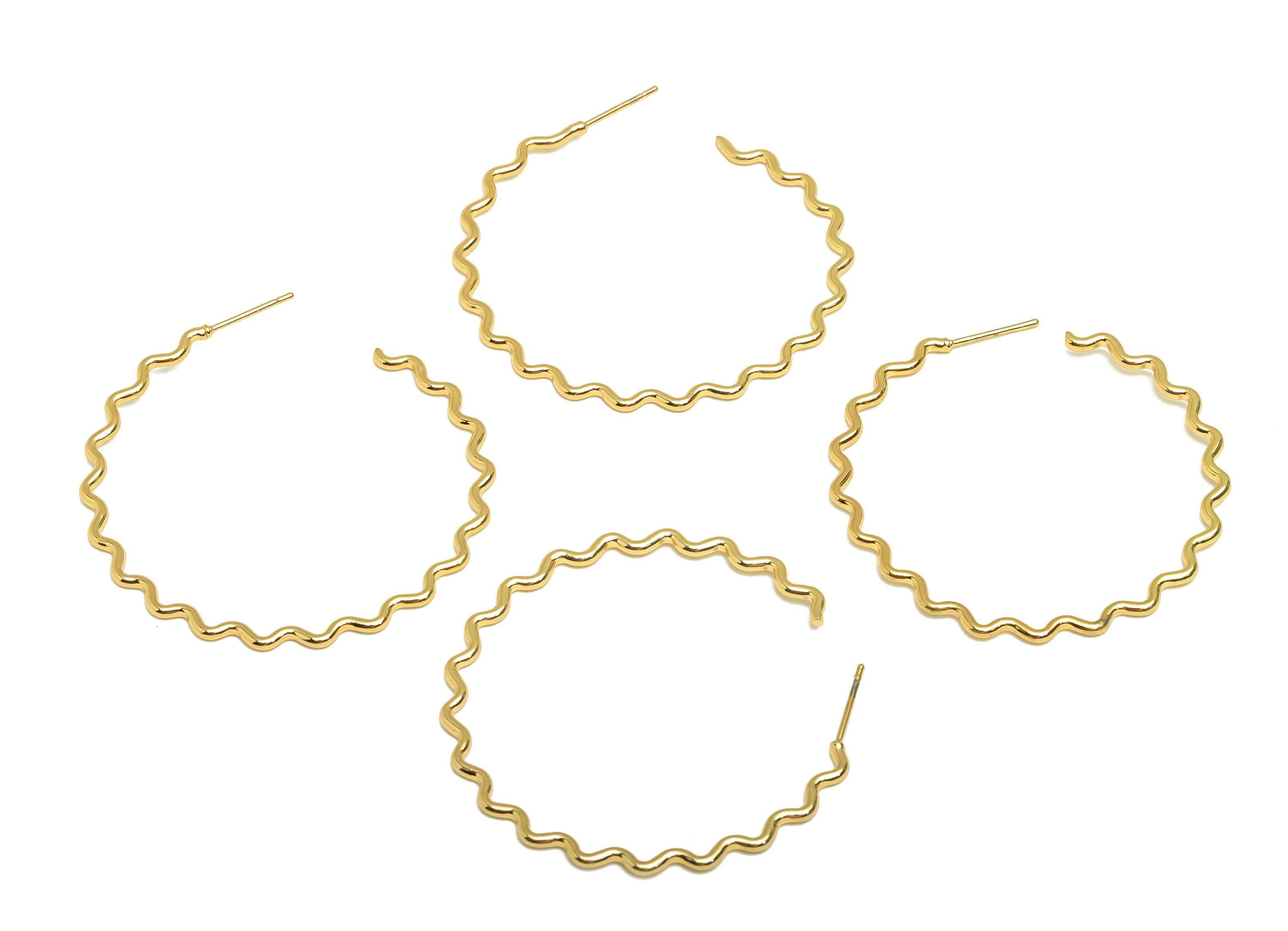 Brass Hoop Earring Stud - Brass Open Hoop Earring Post - Brass Wavy Hoop Earring Post - 18K Real Gold Plated - 53x53x1.48mm - RGP7858 - DOMEDBAZAAR