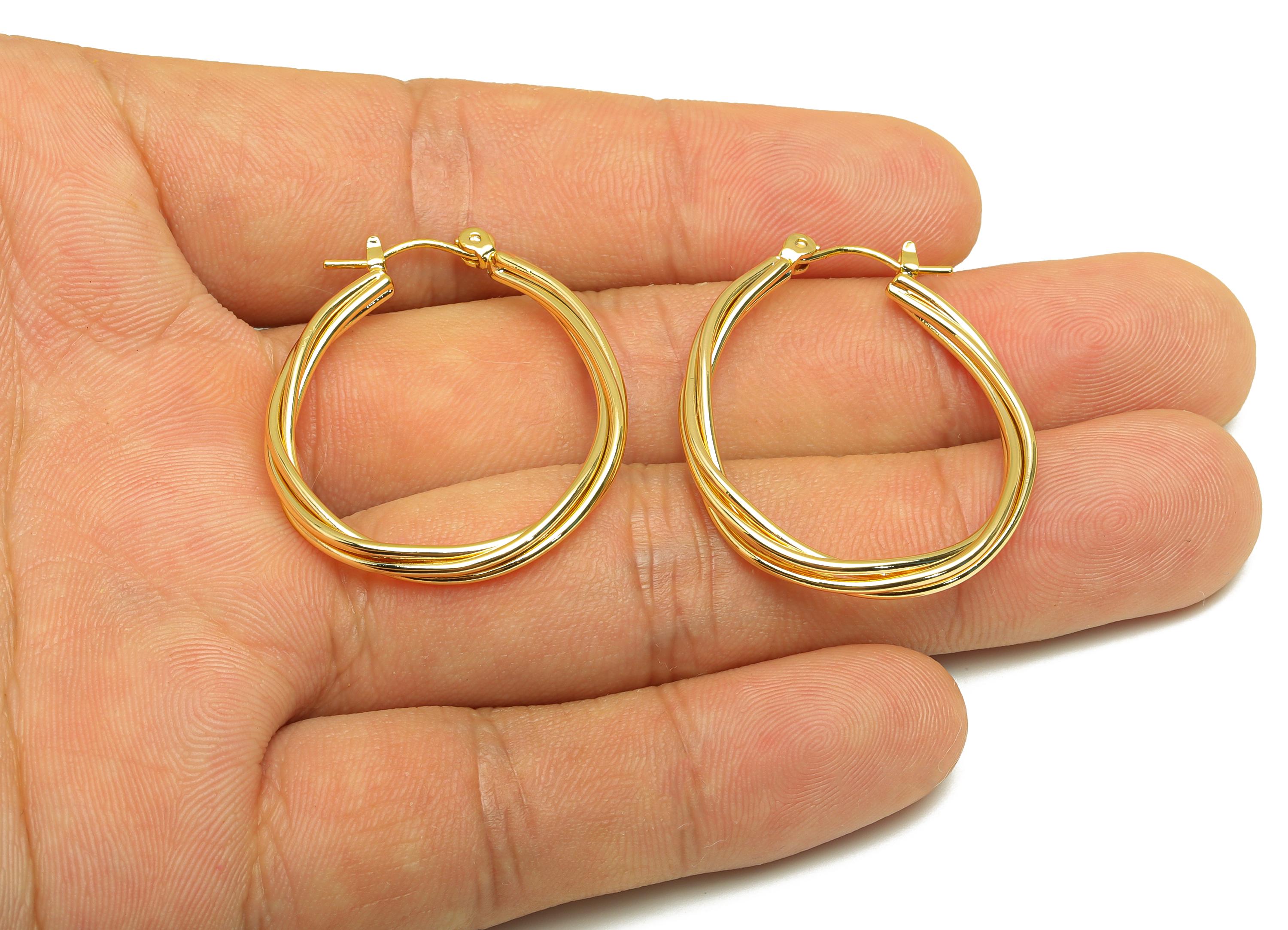 Brass Hoop Earring - Brass Hinged Back Earring - Brass Twine Wire Hinged Back Hoop Earring - 18K Real Gold Plating - 34.6x28x2mm - RGP7854 - DOMEDBAZAAR