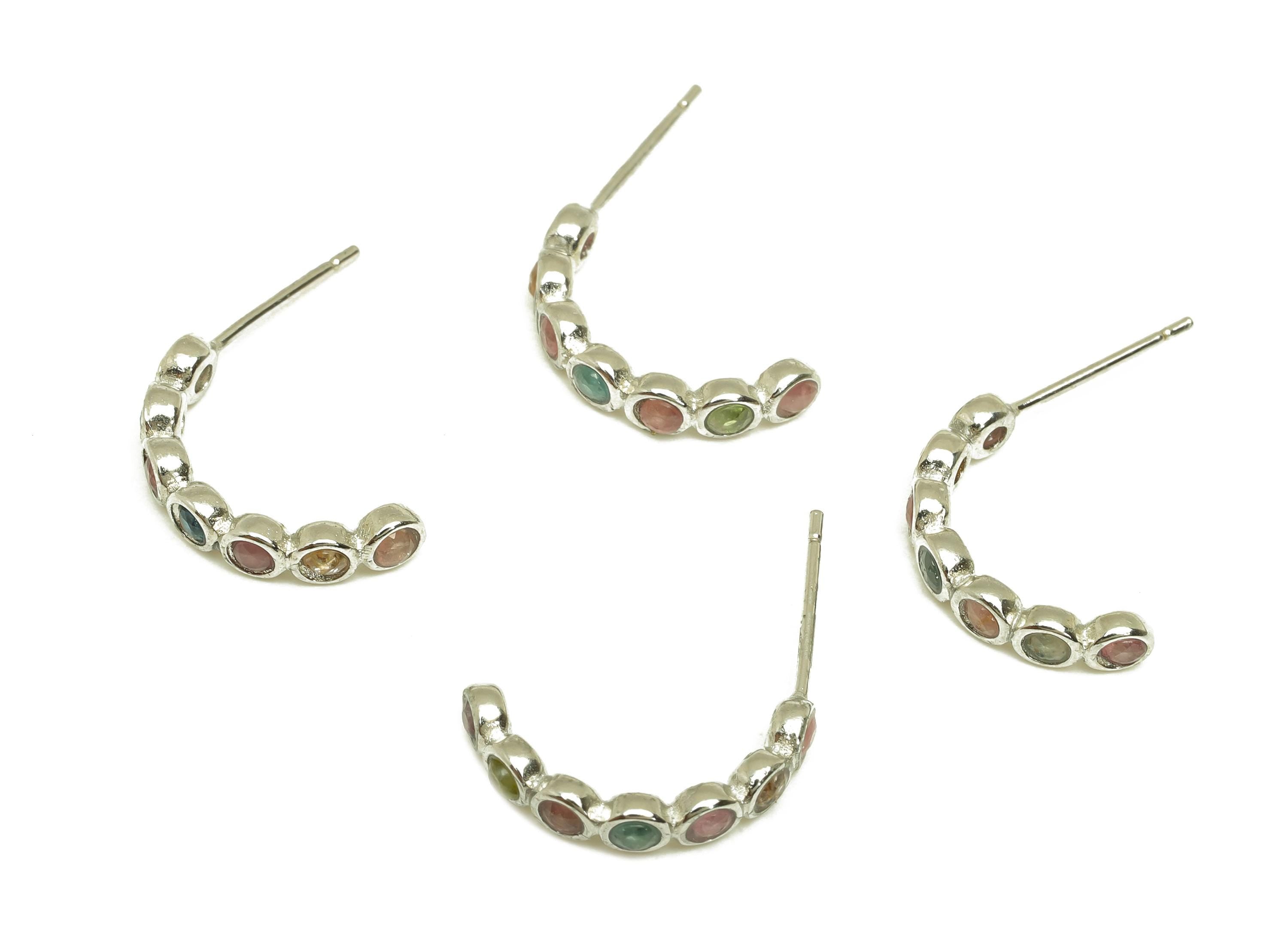 Brass Tourmaline Earring Stud - Brass Hoop Earring Post - Rainbow Hoop Earring Post - Silver Tone Plating - 17.92x3.49x0.74mm - RGP7281 - DOMEDBAZAAR