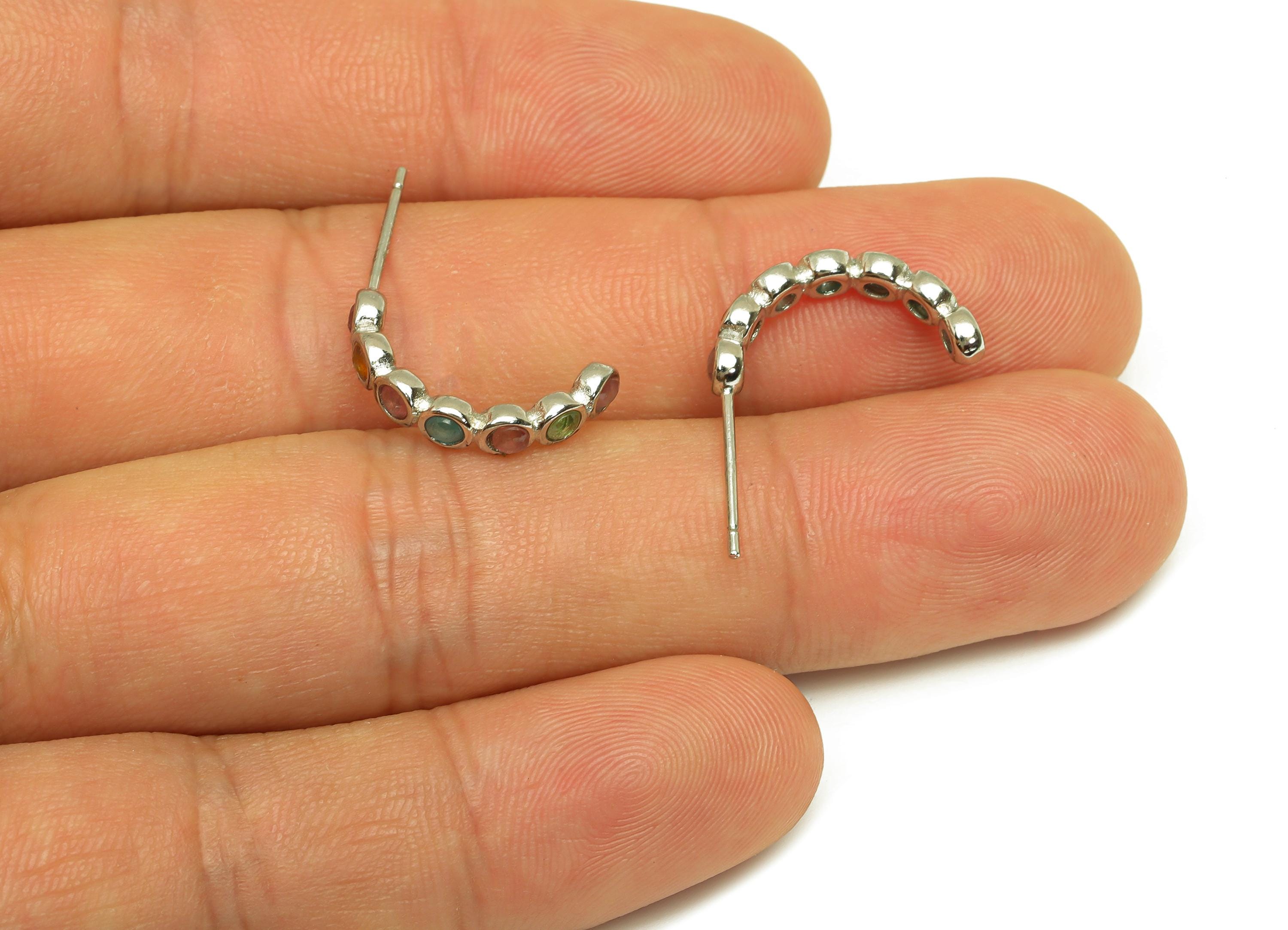Brass Tourmaline Earring Stud - Brass Hoop Earring Post - Rainbow Hoop Earring Post - Silver Tone Plating - 17.92x3.49x0.74mm - RGP7281 - DOMEDBAZAAR