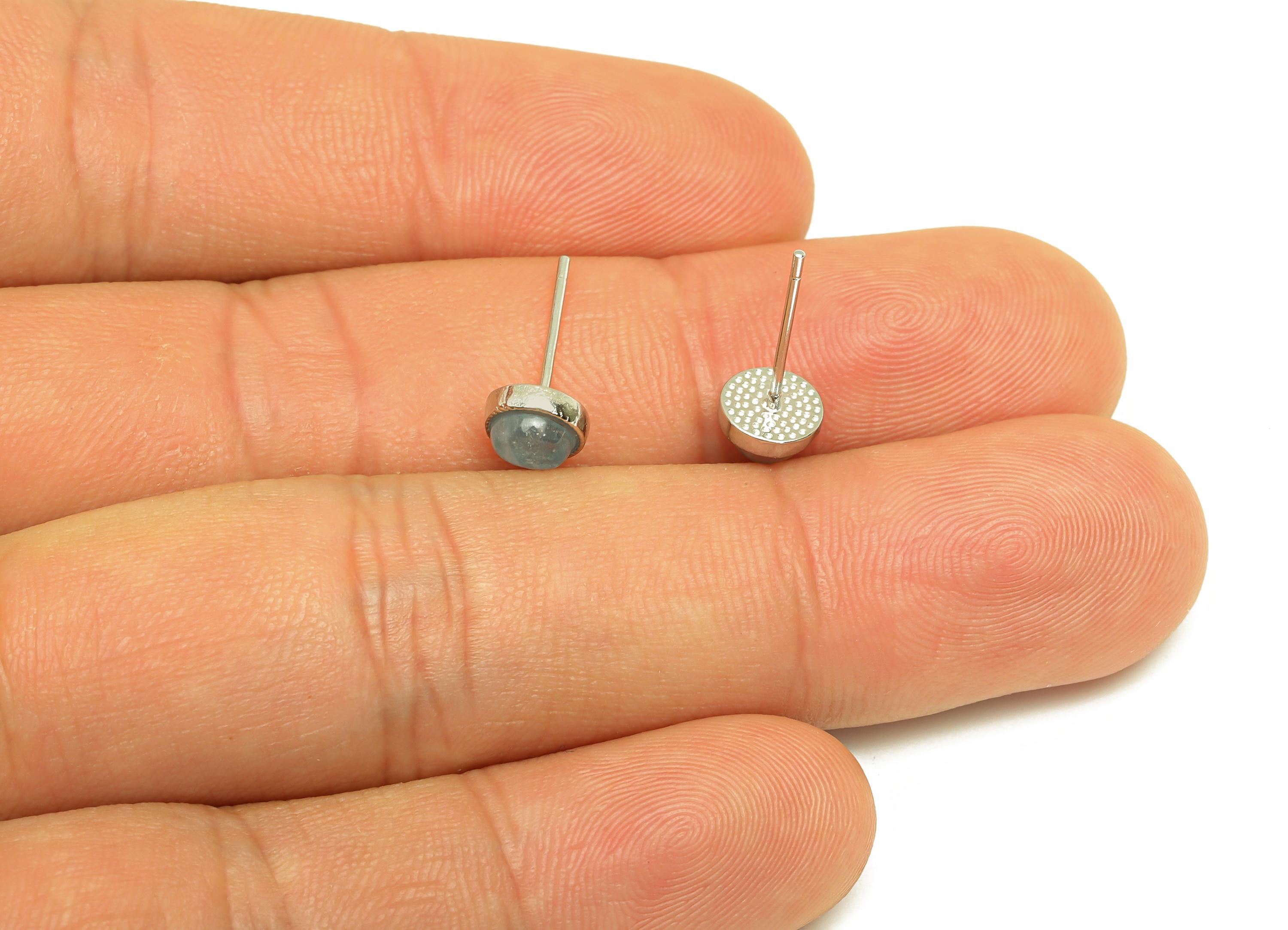 Brass Aquamarine Earring Stud - Brass Round Earring Post - Mini Circle Earring Post - Silver Tone Plating - 15.48x6.32x0.69mm - RGP7283 - DOMEDBAZAAR