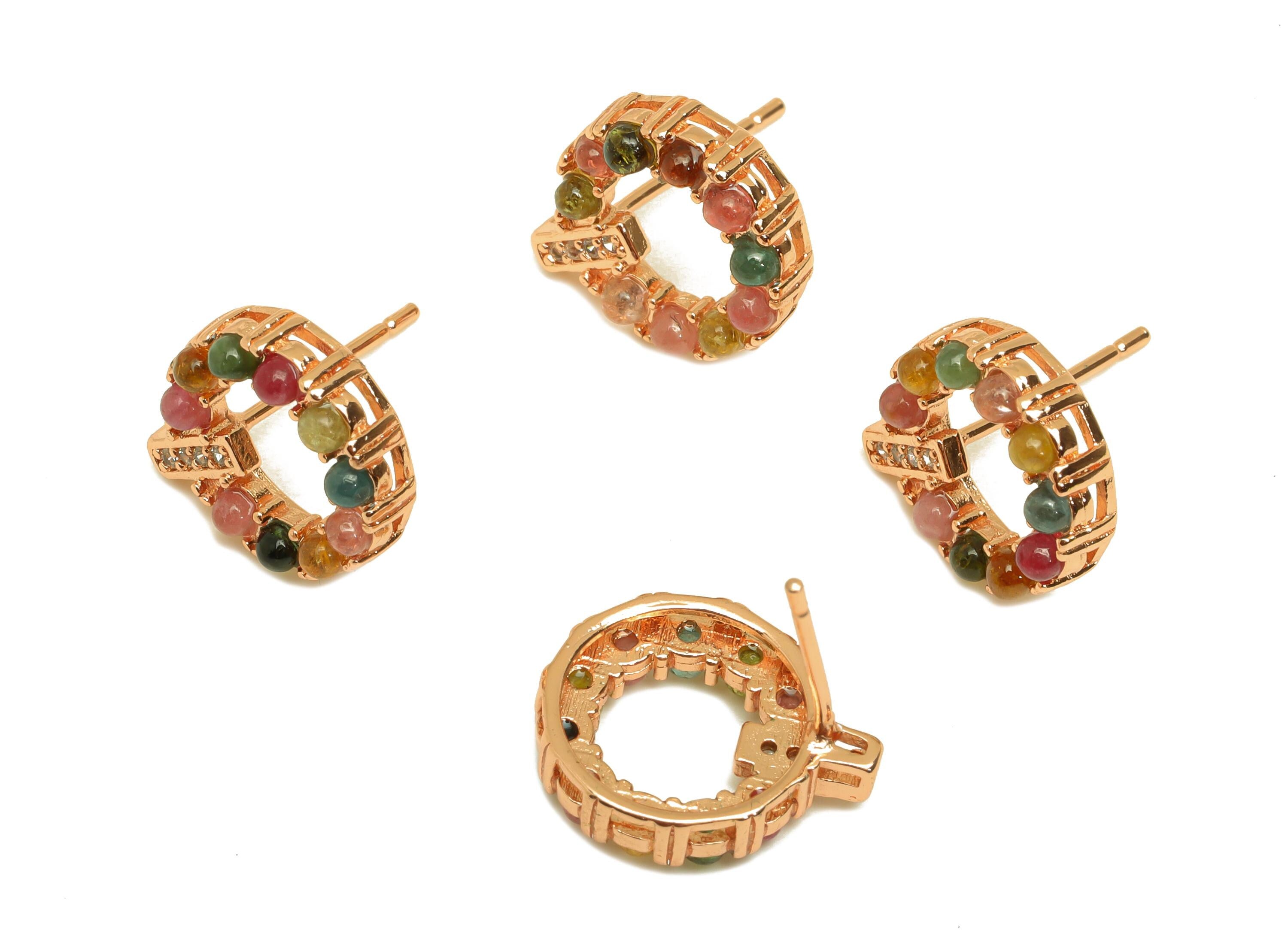 Brass Tourmaline Earring Stud - Brass Cubic Zircon Earring Post - Rainbow Earring Post - Rose Gold Tone Plating - 15x12x0.79mm - RGP7279 - DOMEDBAZAAR