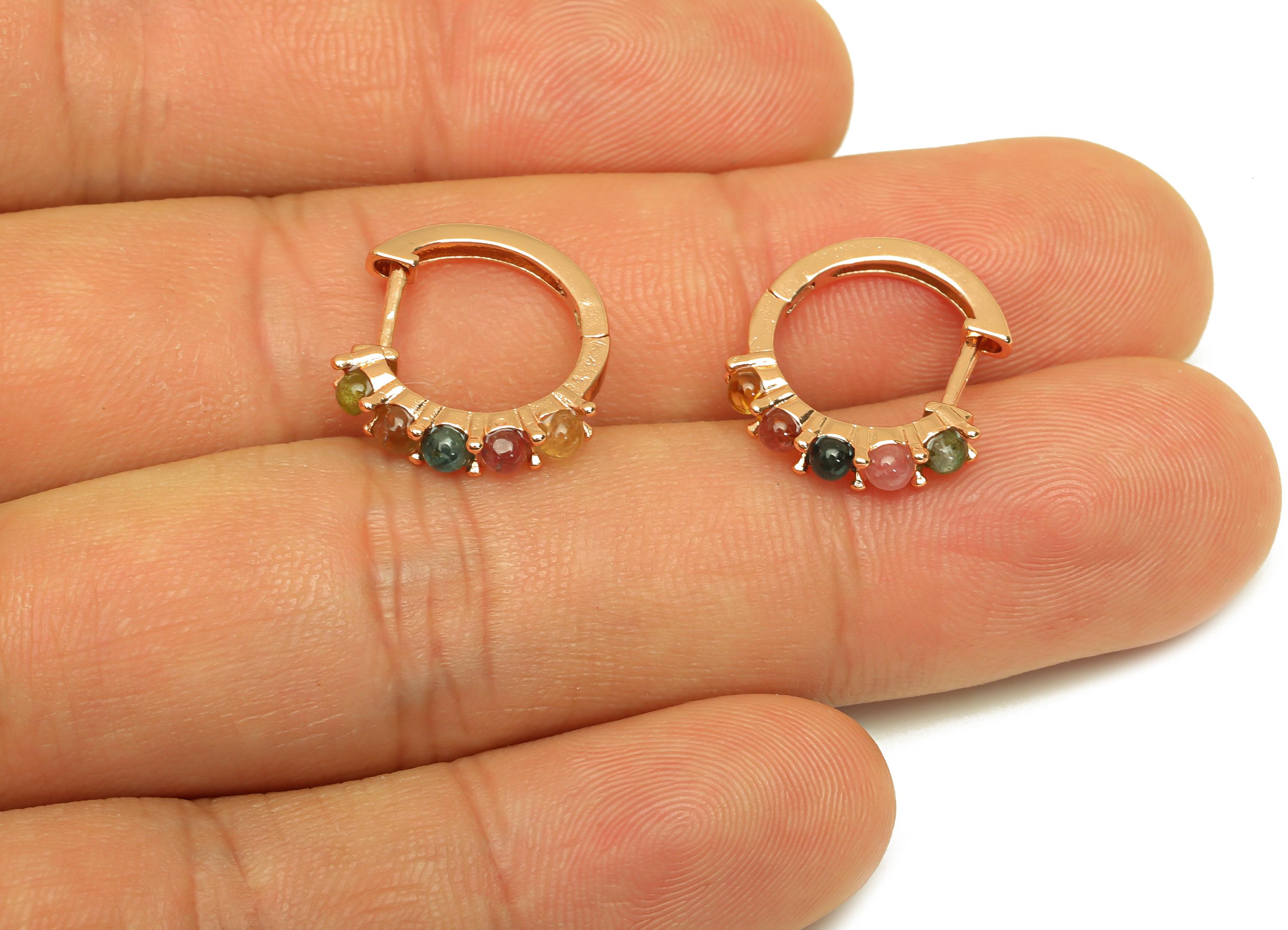 Brass Tourmaline Hoop Earring - Brass Huggie Hoop Earring - Rainbow Huggie Hoop Clasp - Rose Gold Tone Plating - 16.17x3.21x0.83mm - RGP7278 - DOMEDBAZAAR