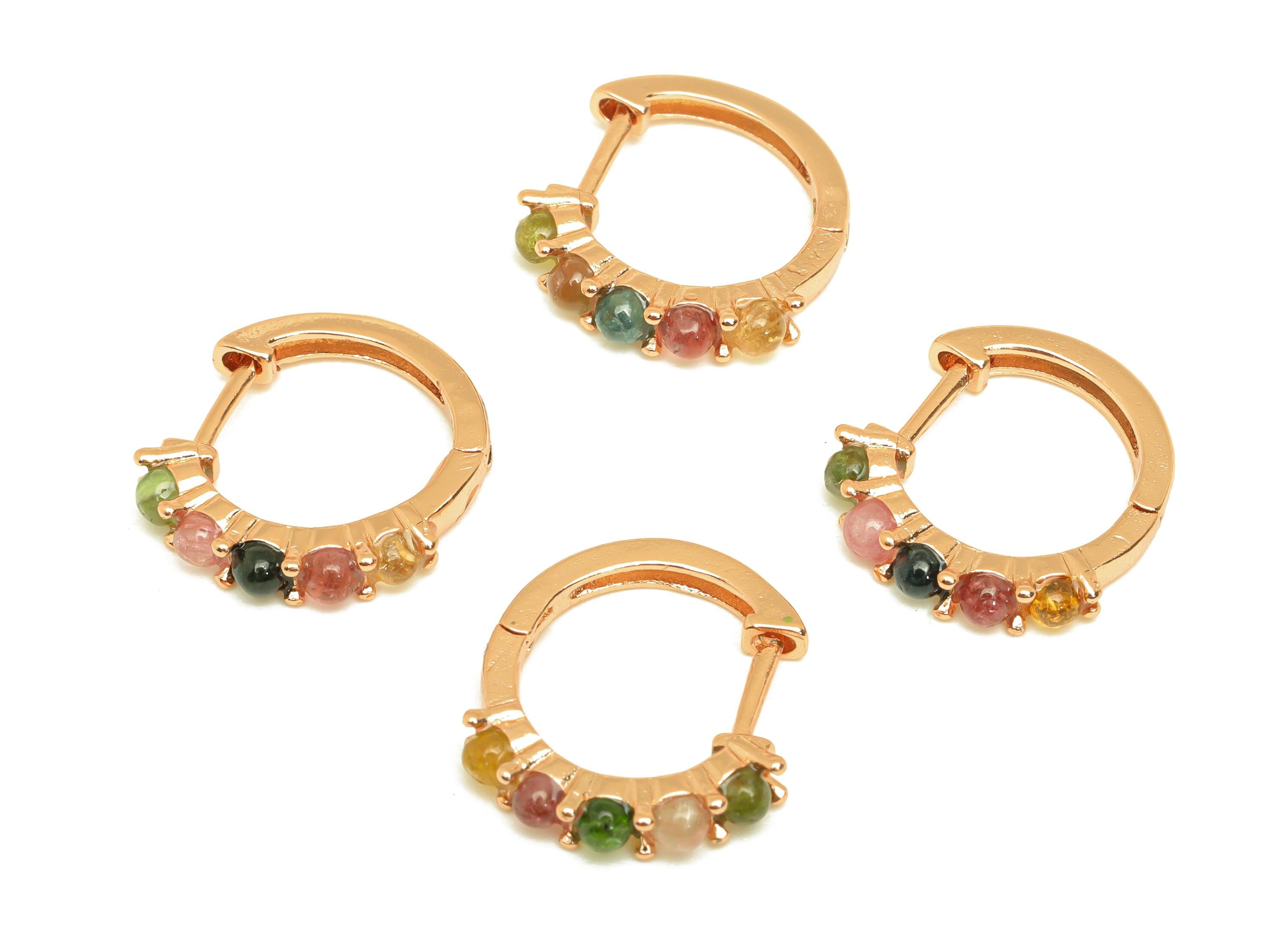 Brass Tourmaline Hoop Earring - Brass Huggie Hoop Earring - Rainbow Huggie Hoop Clasp - Rose Gold Tone Plating - 16.17x3.21x0.83mm - RGP7278 - DOMEDBAZAAR