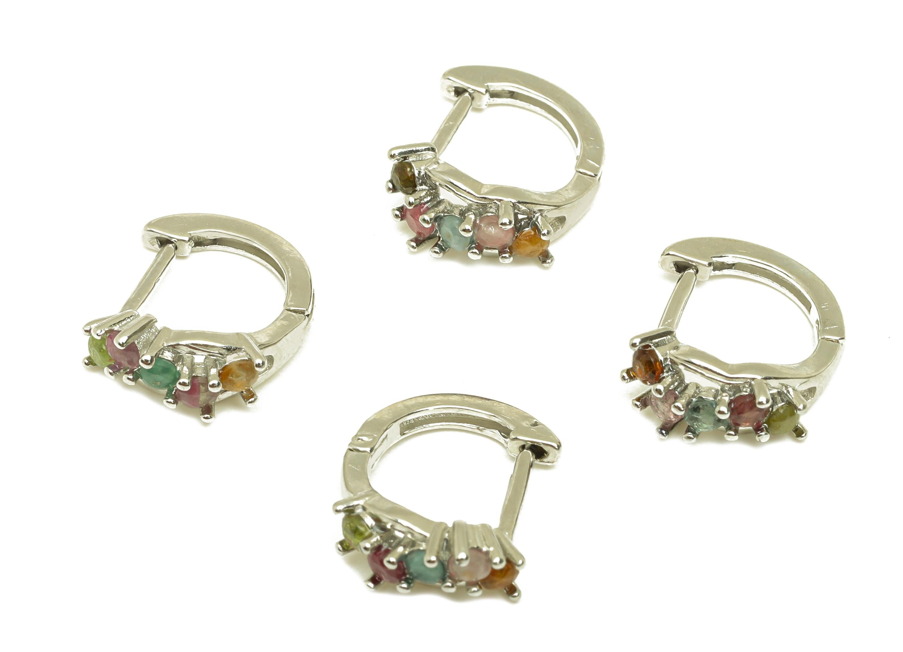 Brass Tourmaline Hoop Earring - Brass Huggie Hoop Earring - Rainbow Huggie Hoop Clasp - Silver Tone Plating - 15.59x5.56x1.18mm - RGP7282 - DOMEDBAZAAR