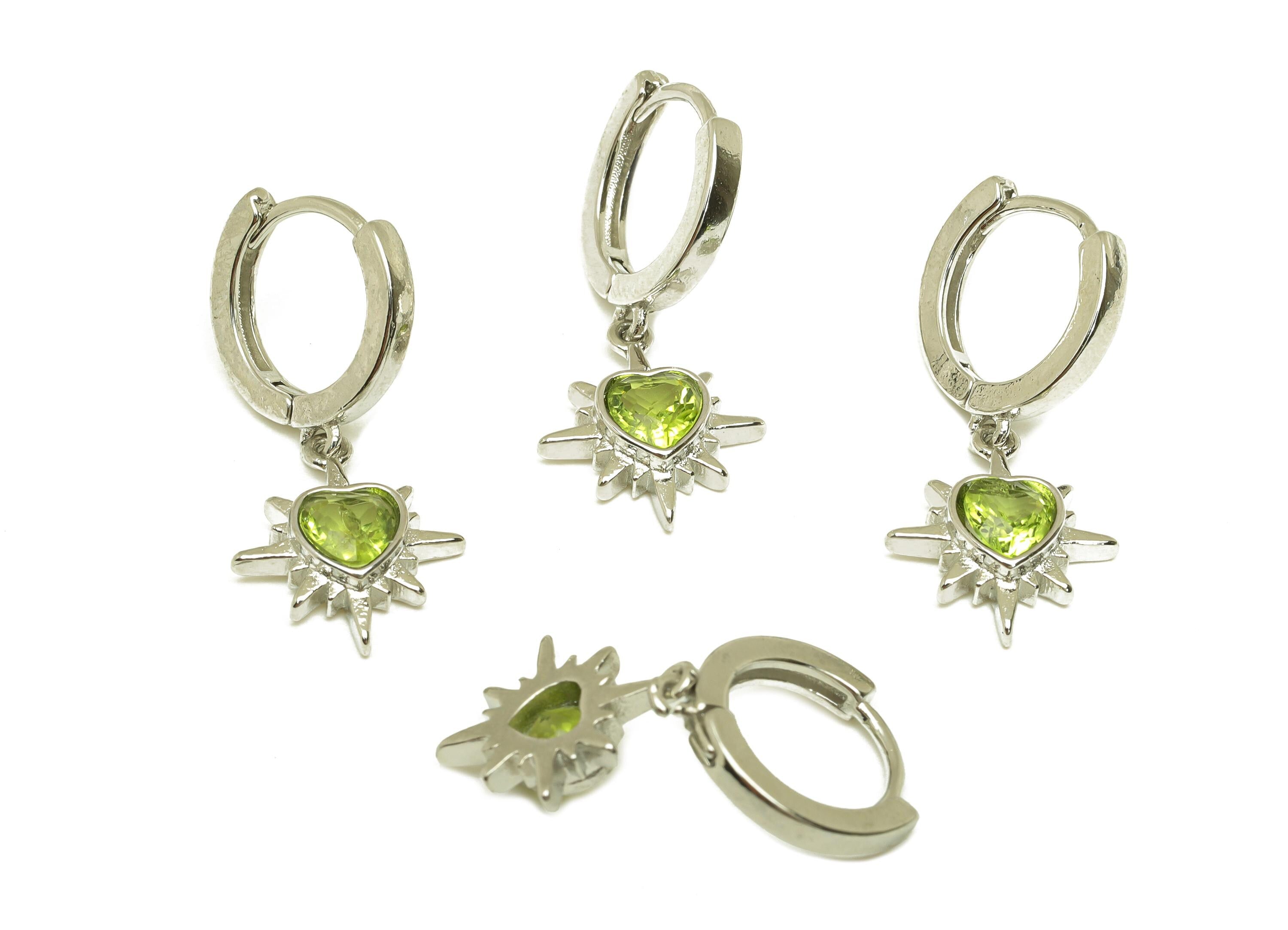 Brass Olivine Hoop Earring - Brass Peridot Huggie Hoop Earring - Heart Huggie Hoop Clasp - Silver Tone Plating - 28.53x12x0.92mm - RGP7276 - DOMEDBAZAAR