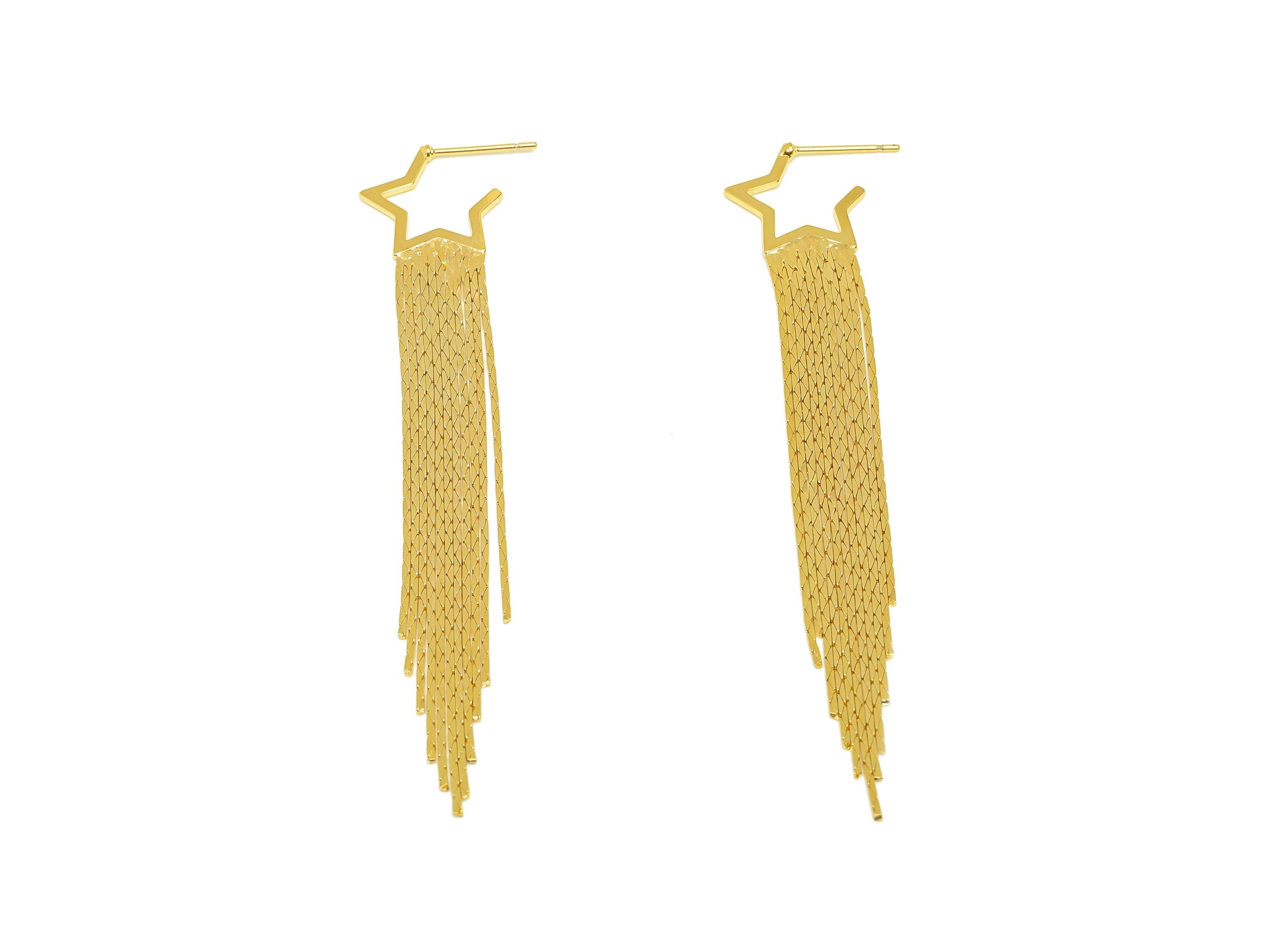 Brass Star Tassel Earring Stud - Open Star Tassel Wire Earring Post - Wire Tassel Earring Post - 18K Real Gold Plated - 80x14x0.7mm -RGP7314 - DOMEDBAZAAR