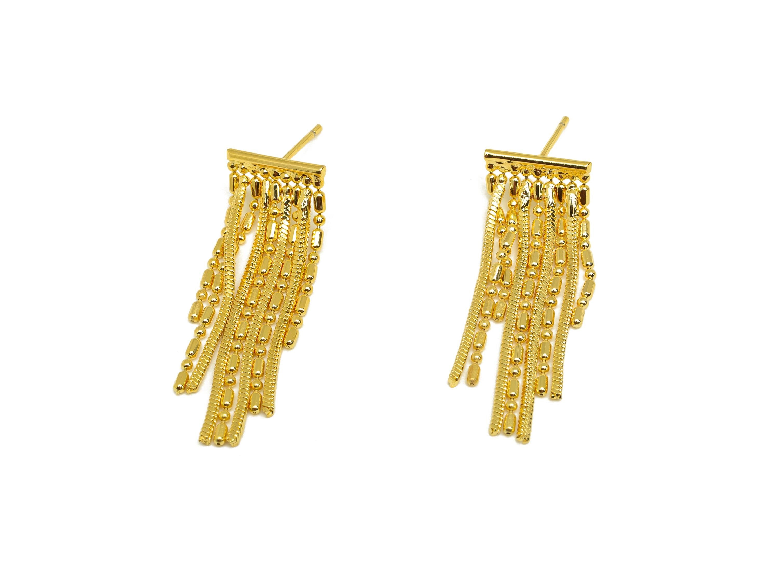 Brass Tassel Earring Stud - Brass Chain Tassel Wire Earring Post - Wire Tassel Earring Post - 18K Real Gold Plated - 34.42x11x1mm - RGP7310 - DOMEDBAZAAR